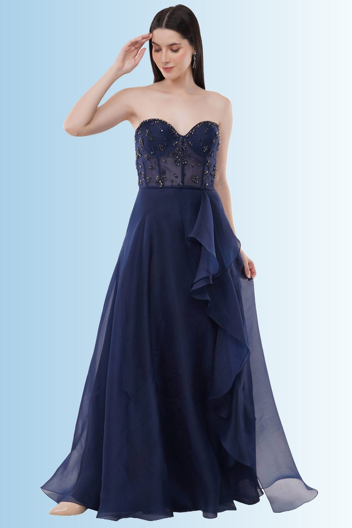 Anjali Kanwar Blue Embroidered Corset Gown for women online at ScrollnShops