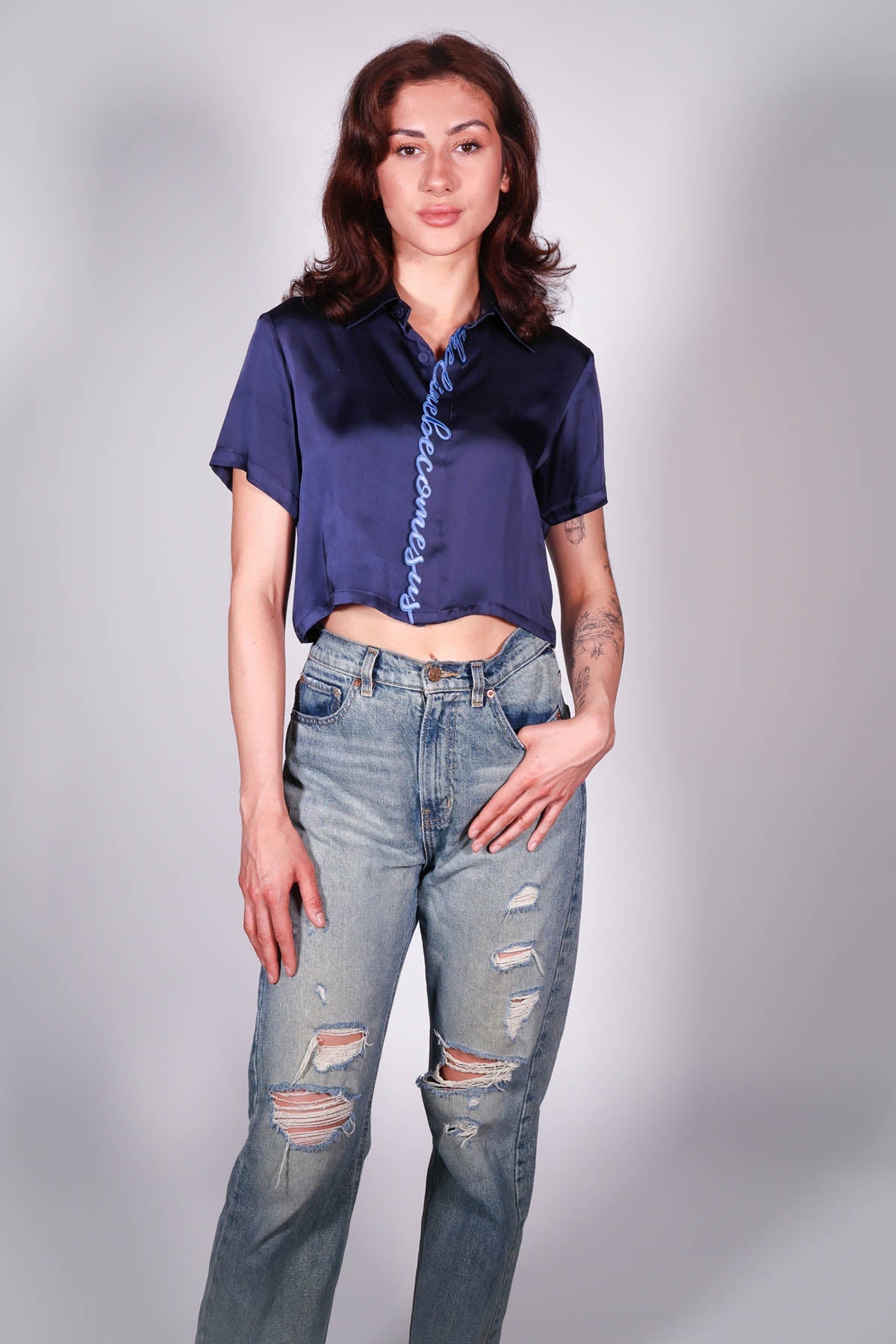 Arya Giri Blue Embroidered Crop Shirt for women online at ScrollnShops