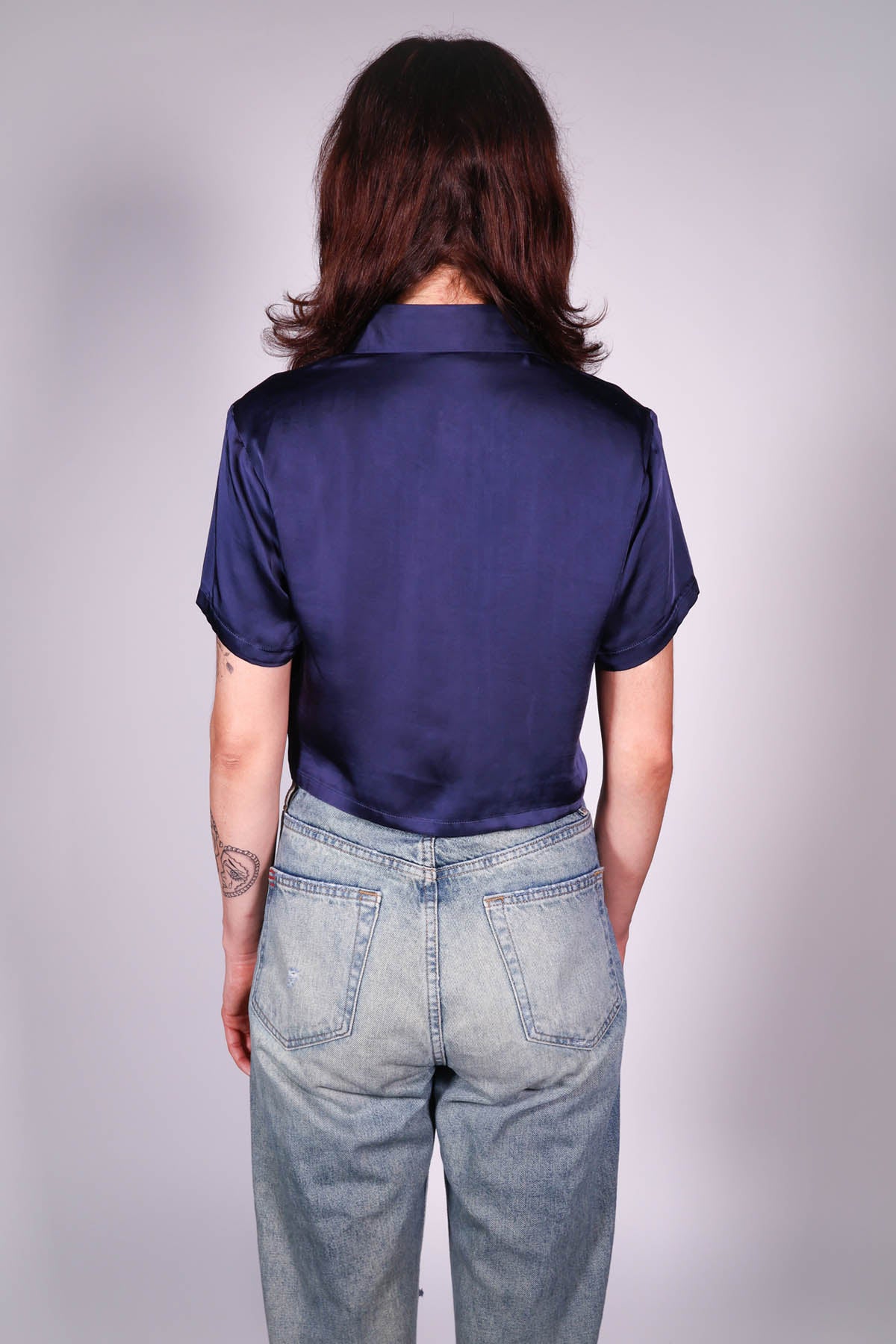 Blue Embroidered Crop Shirt