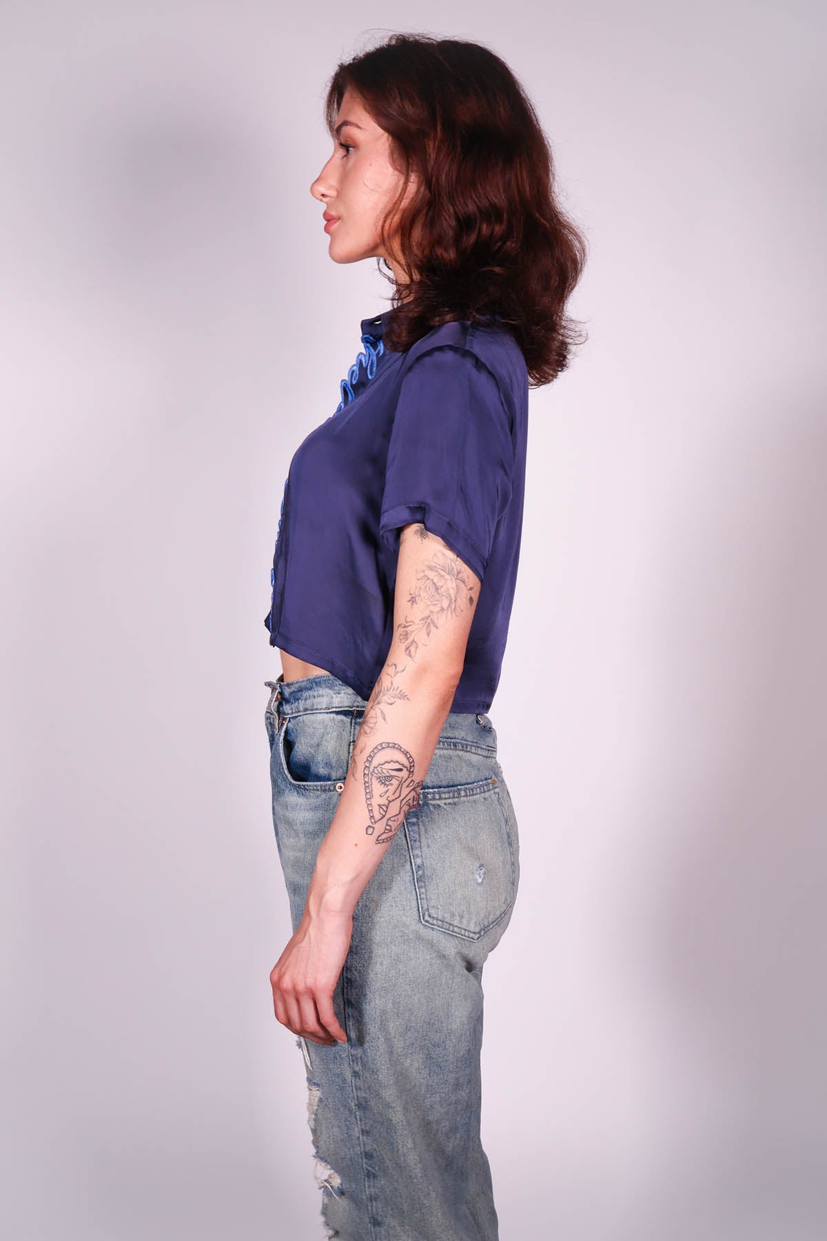 Blue Embroidered Crop Shirt