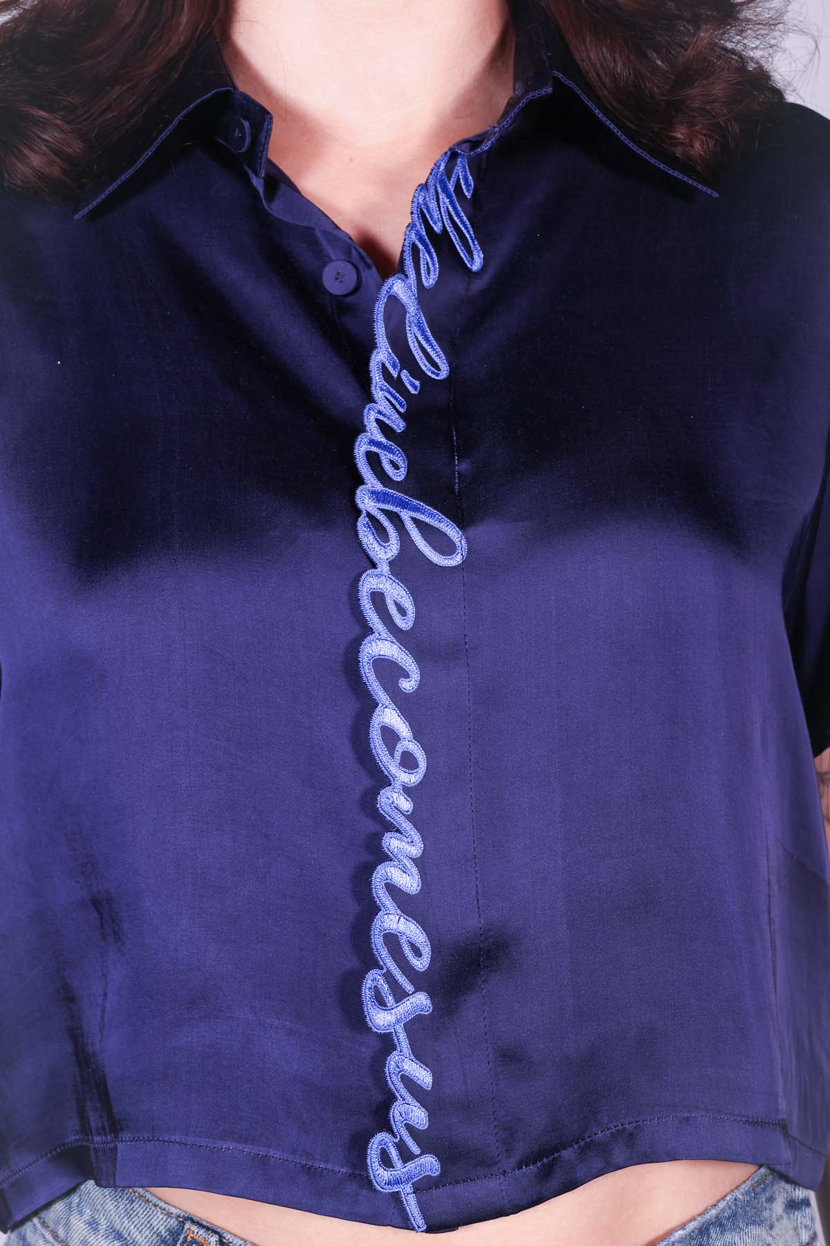 Blue Embroidered Crop Shirt