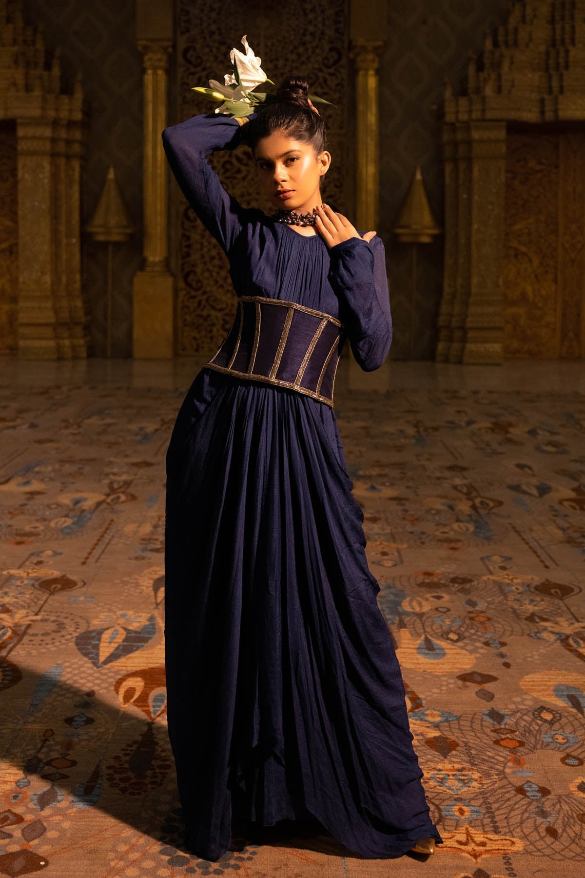 Blue Embroidered Drape Dress at ScrollnShops