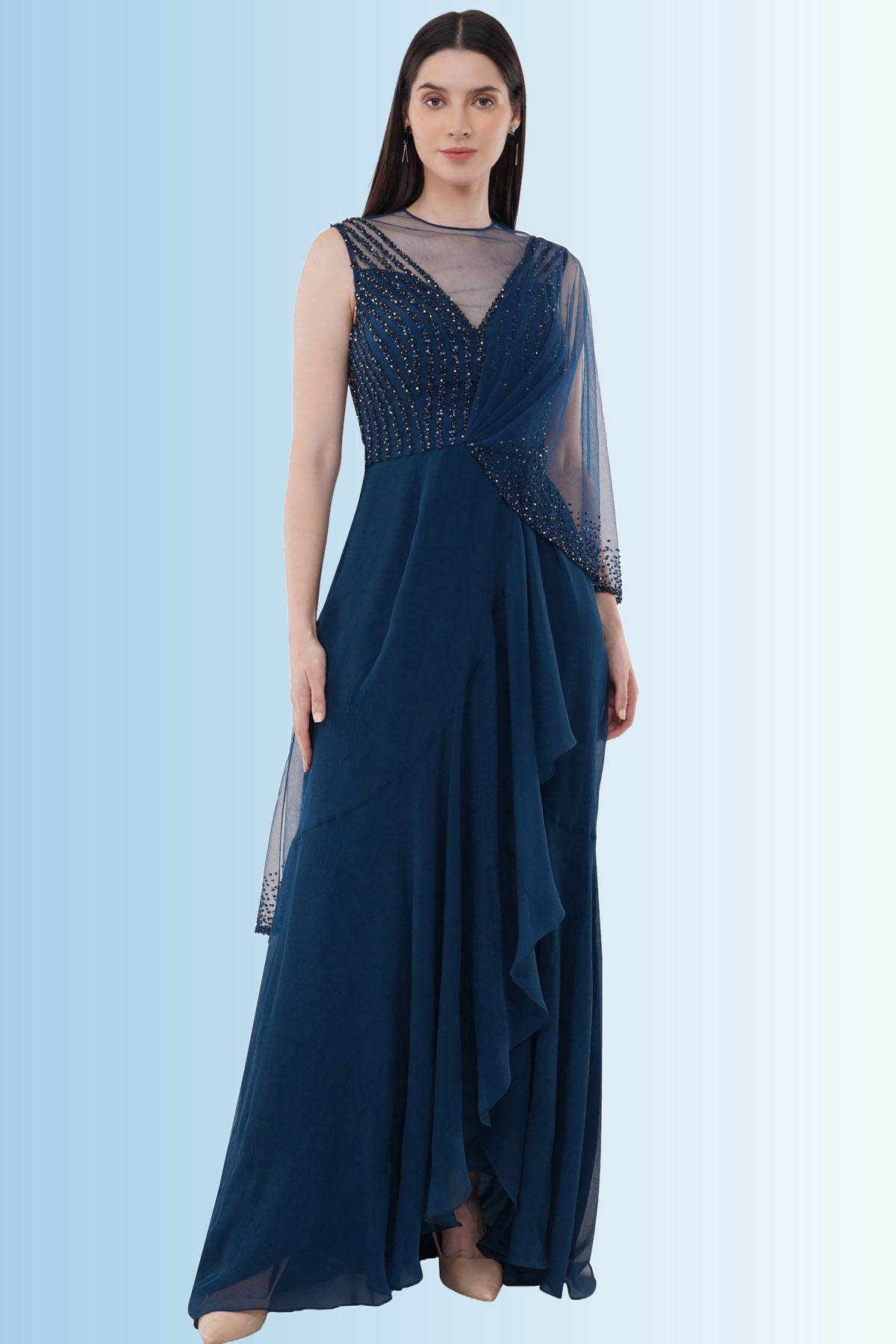 Anjali Kanwar Blue Embroidered Drape Gown for women online at ScrollnShops