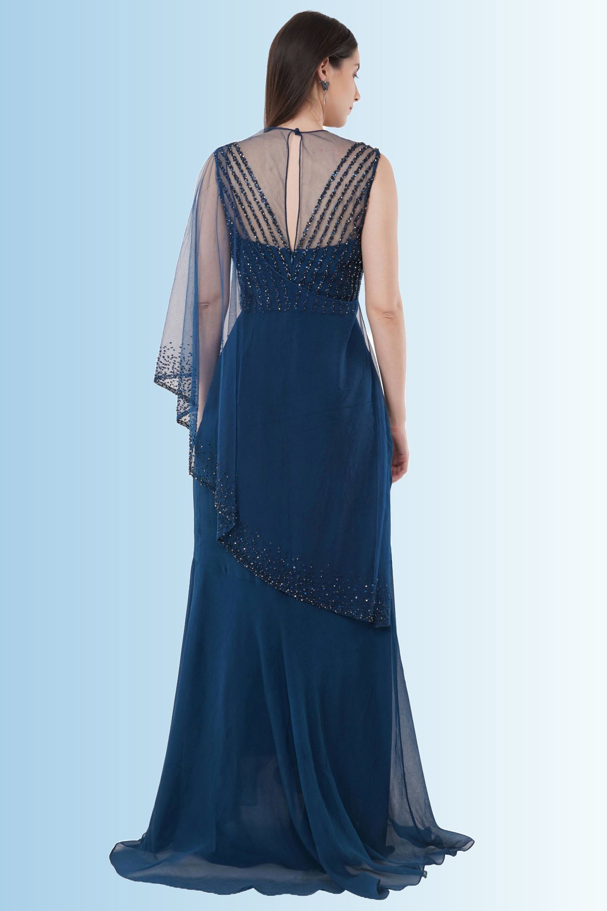 Blue Embroidered Drape Gown