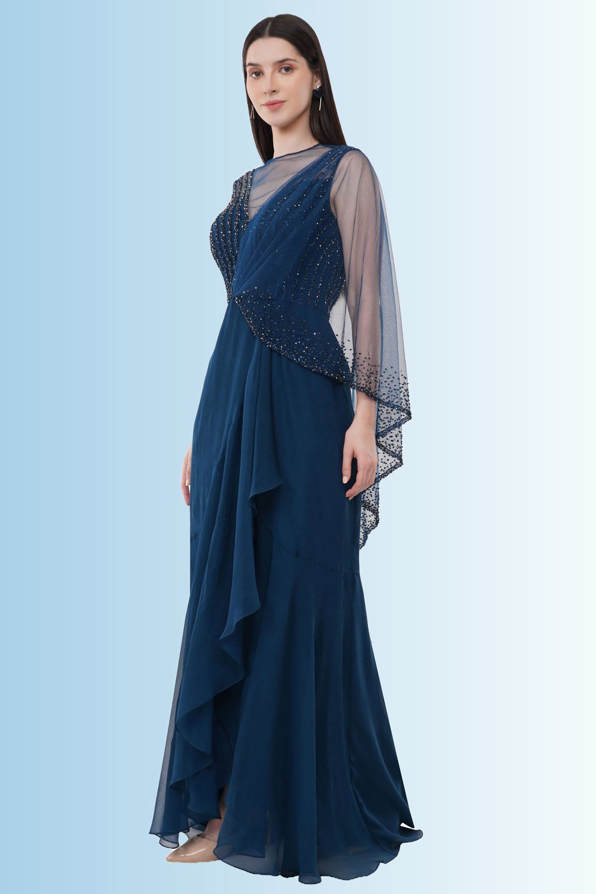Blue Embroidered Drape Gown