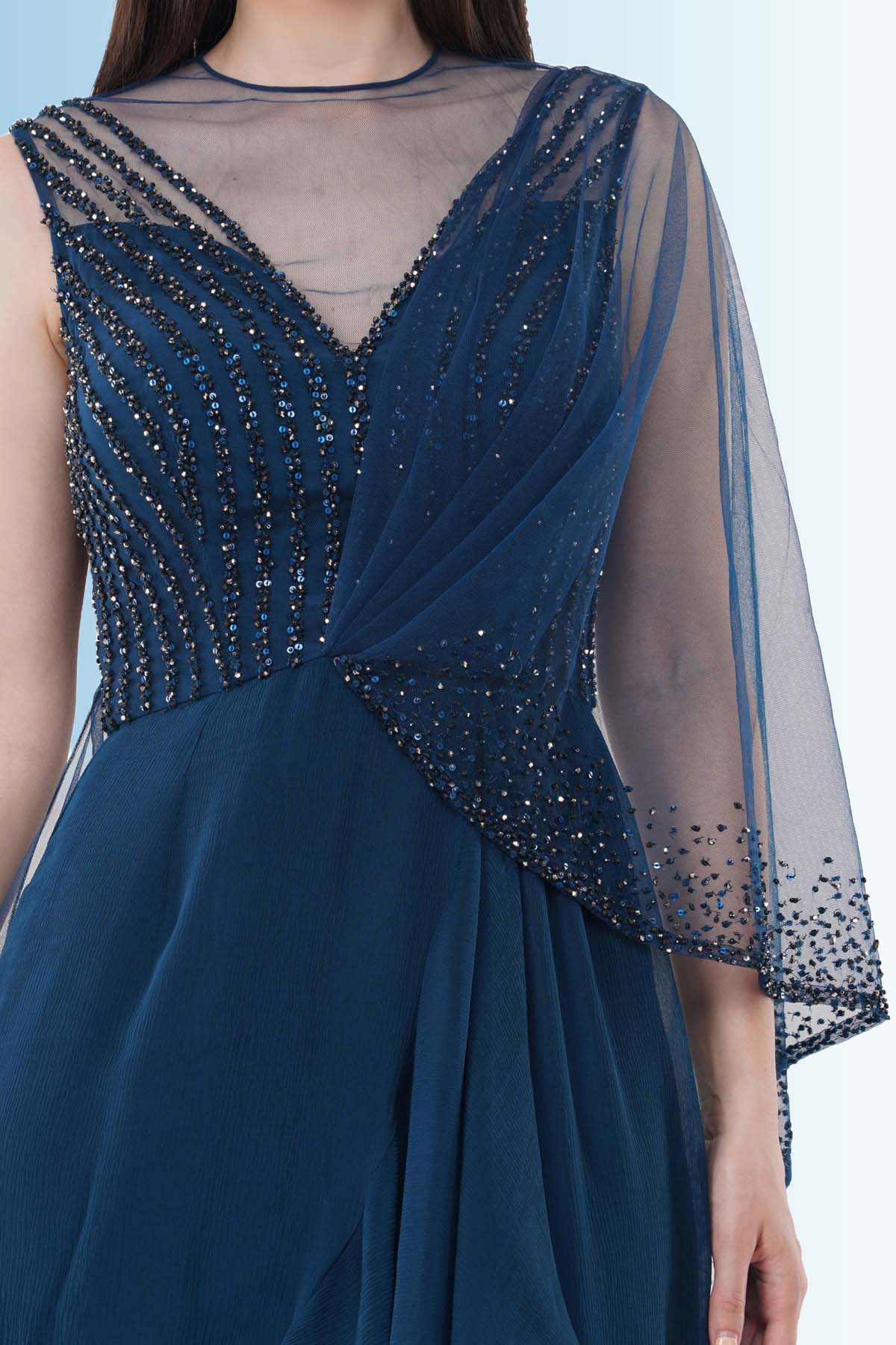 Blue Embroidered Drape Gown