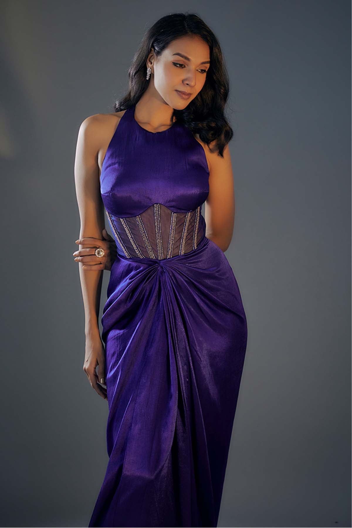 Embroidered Blue Drape Gown