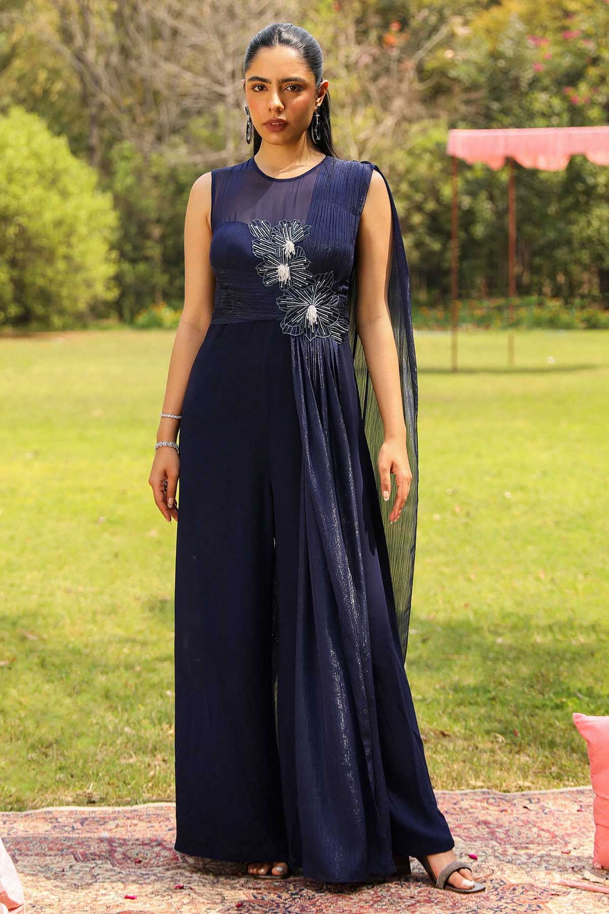 Blue Embroidered Drape Jumpsuit