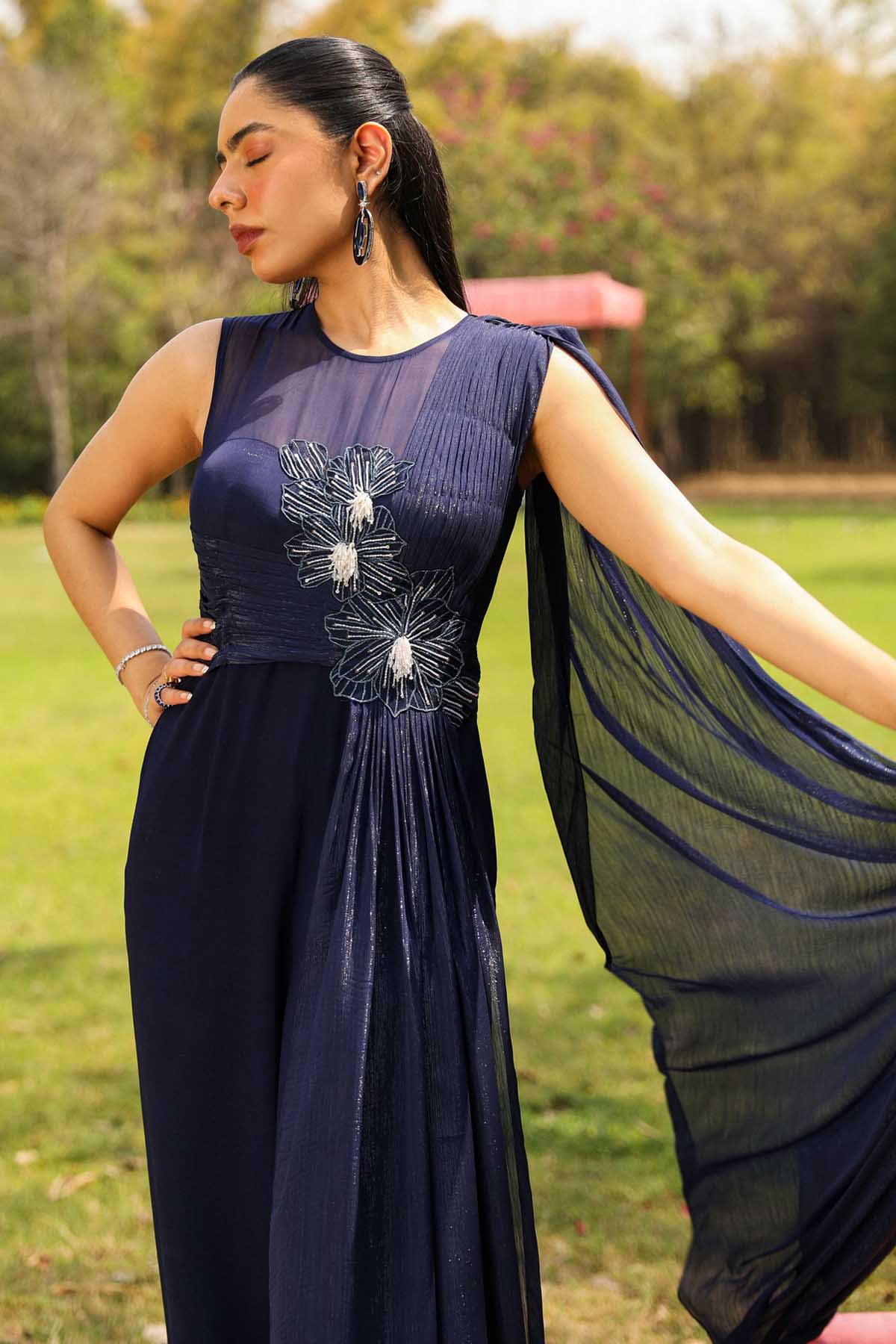 Blue Embroidered Drape Jumpsuit