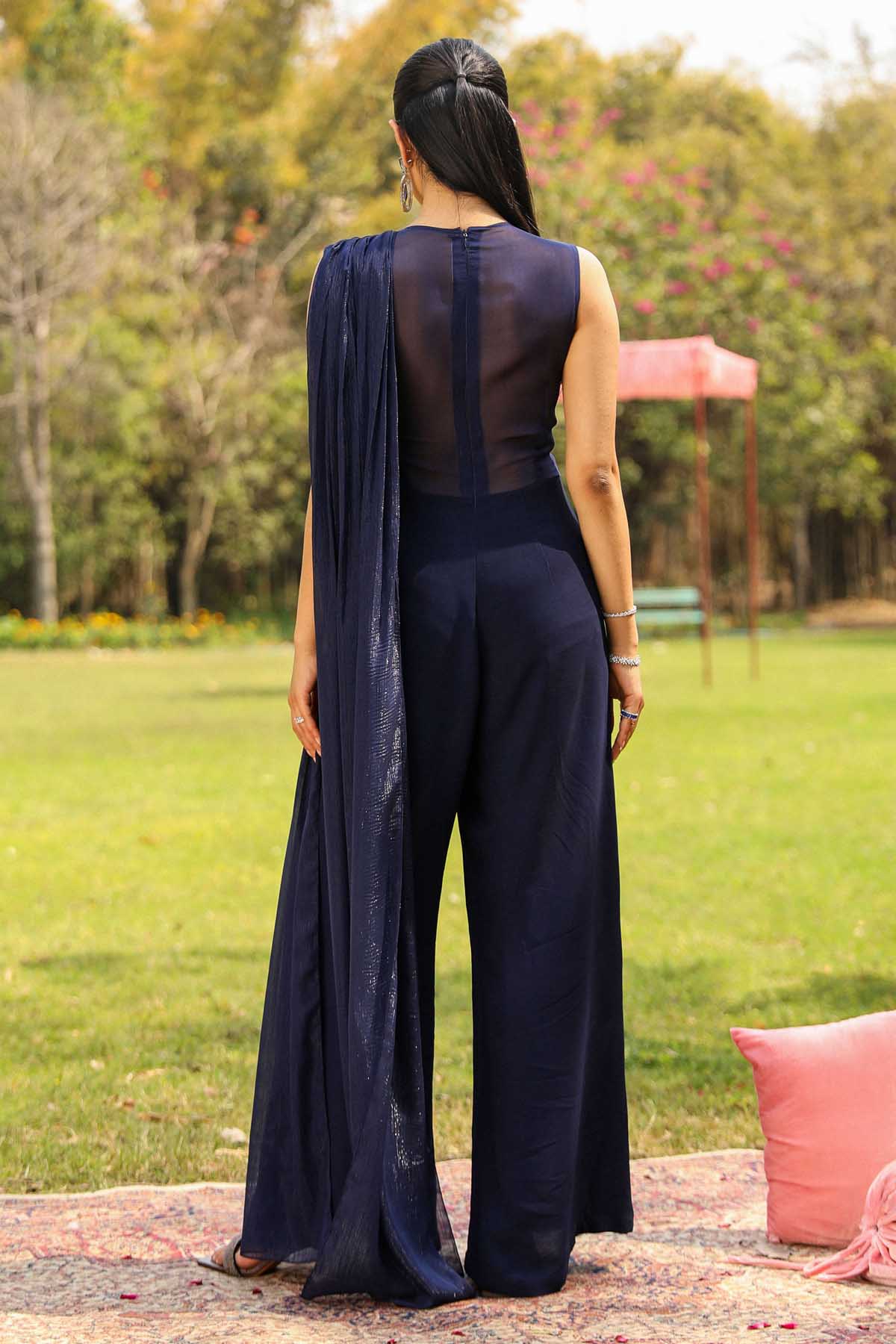 Blue Embroidered Drape Jumpsuit