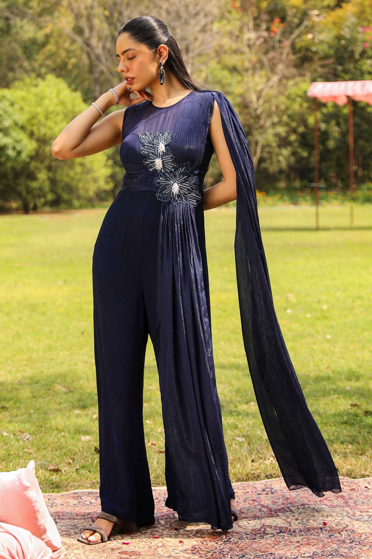 Ajiesh Oberoi Blue Embroidered Drape Jumpsuit for women online at ScrollnShops