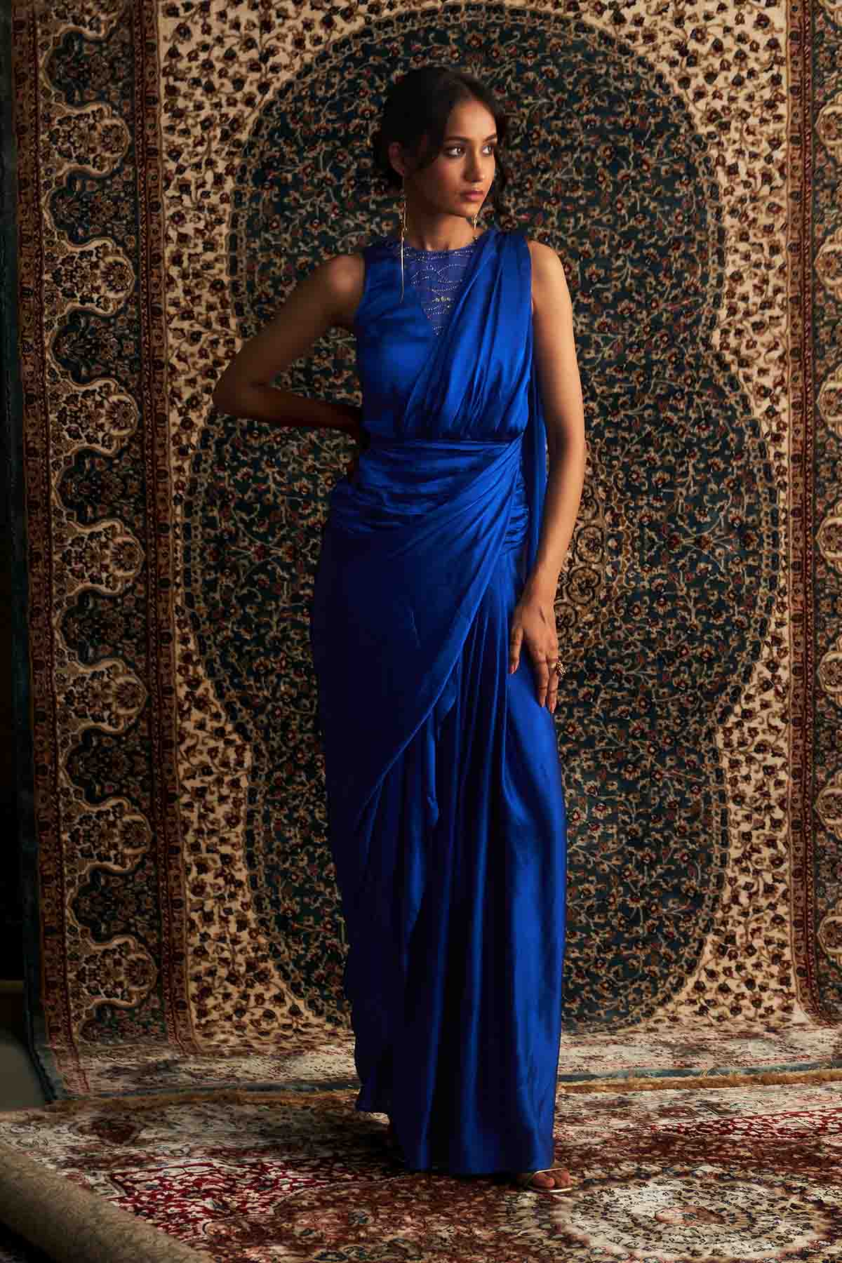 Blue Embroidered Drape Saree