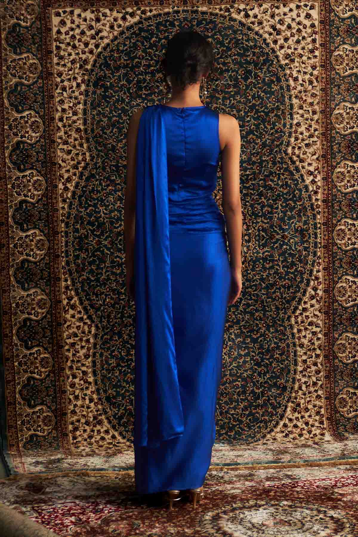Blue Embroidered Drape Saree