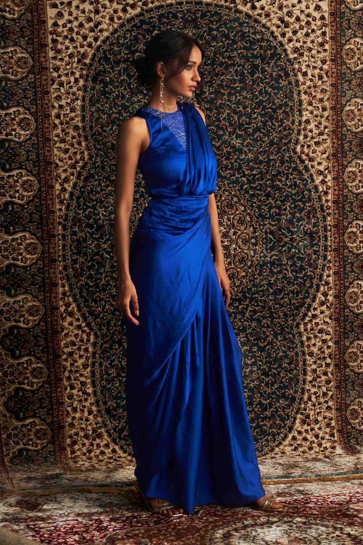 Blue Embroidered Drape Saree