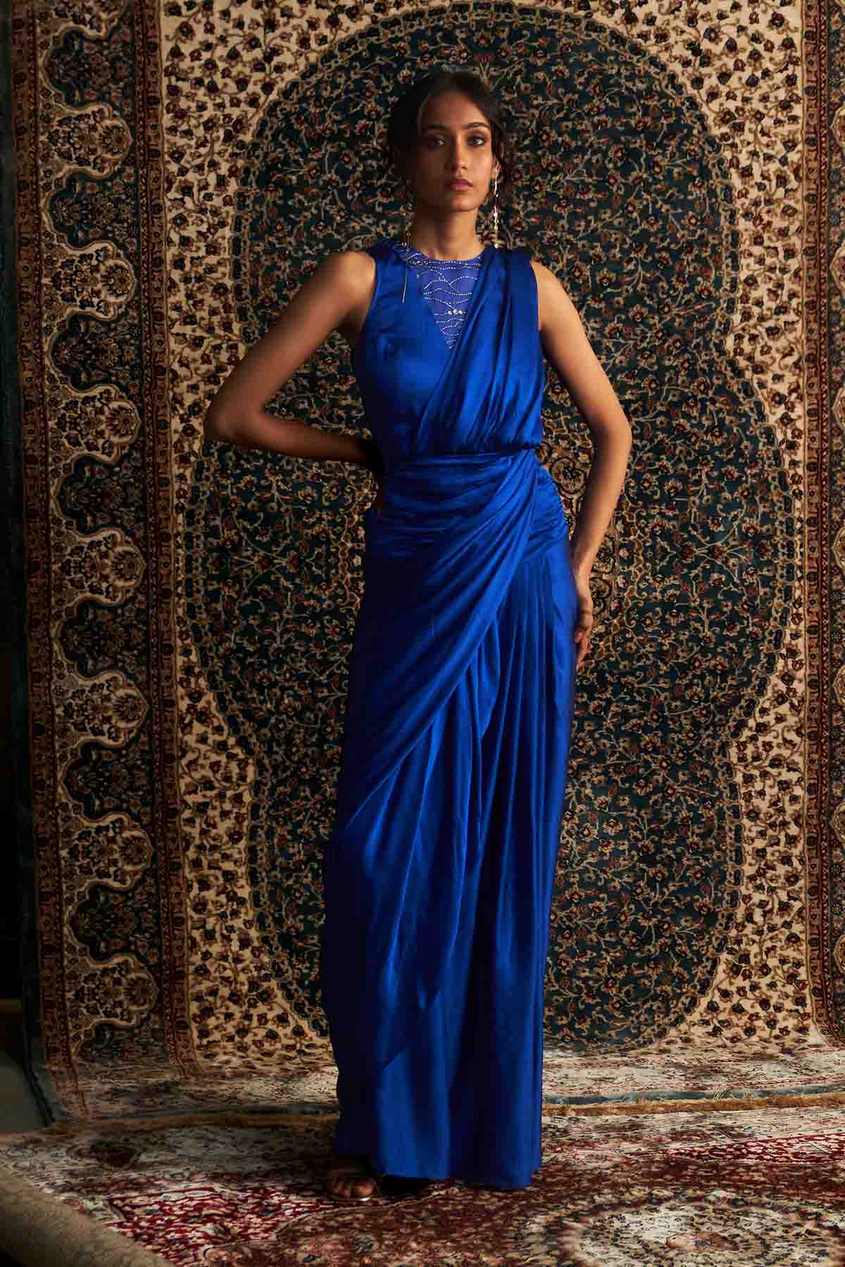 Buy Blue Embroidered Drape Saree Online