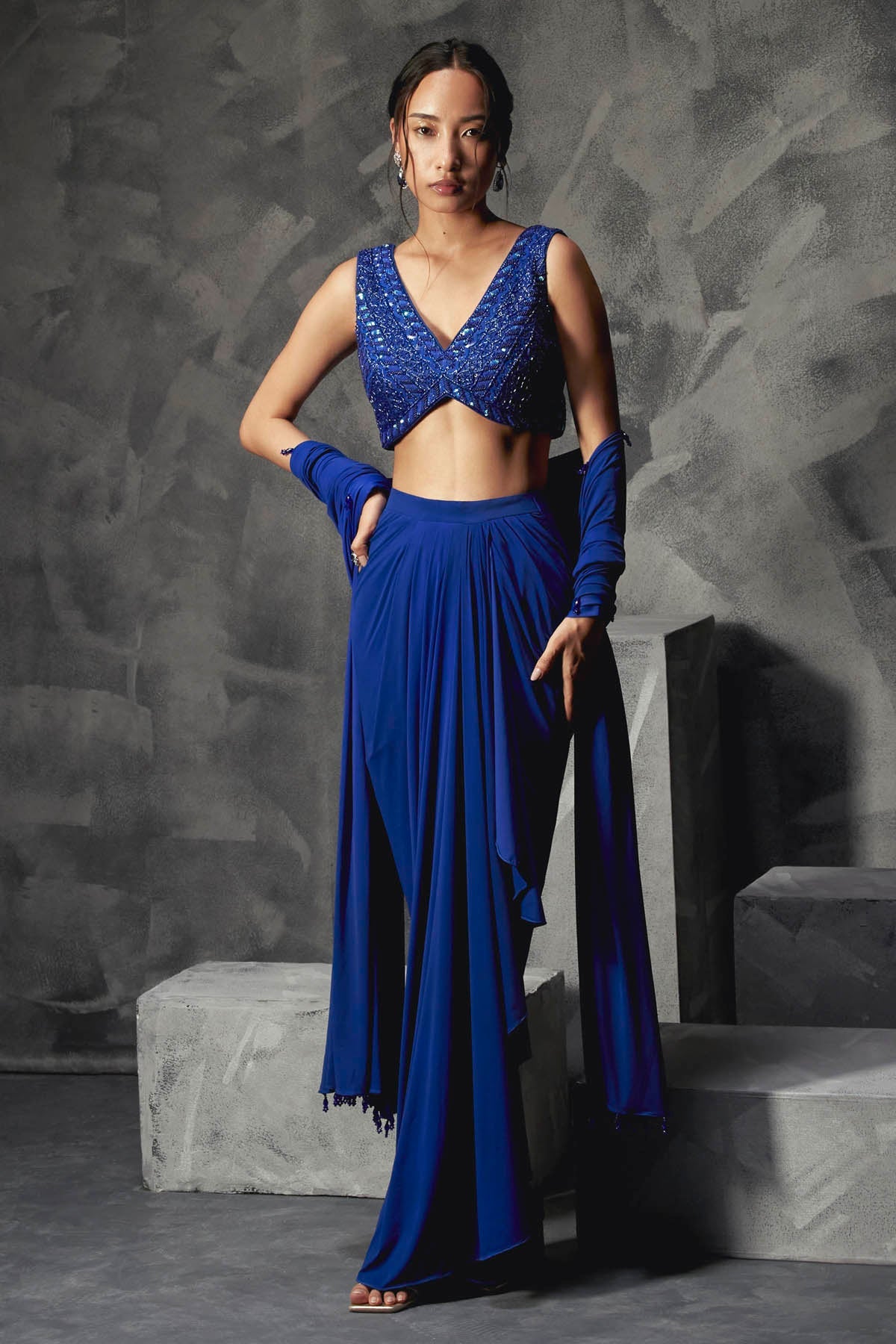 Manika Nanda Blue Embroidered Drape Skirt Set for women online at ScrollnShops