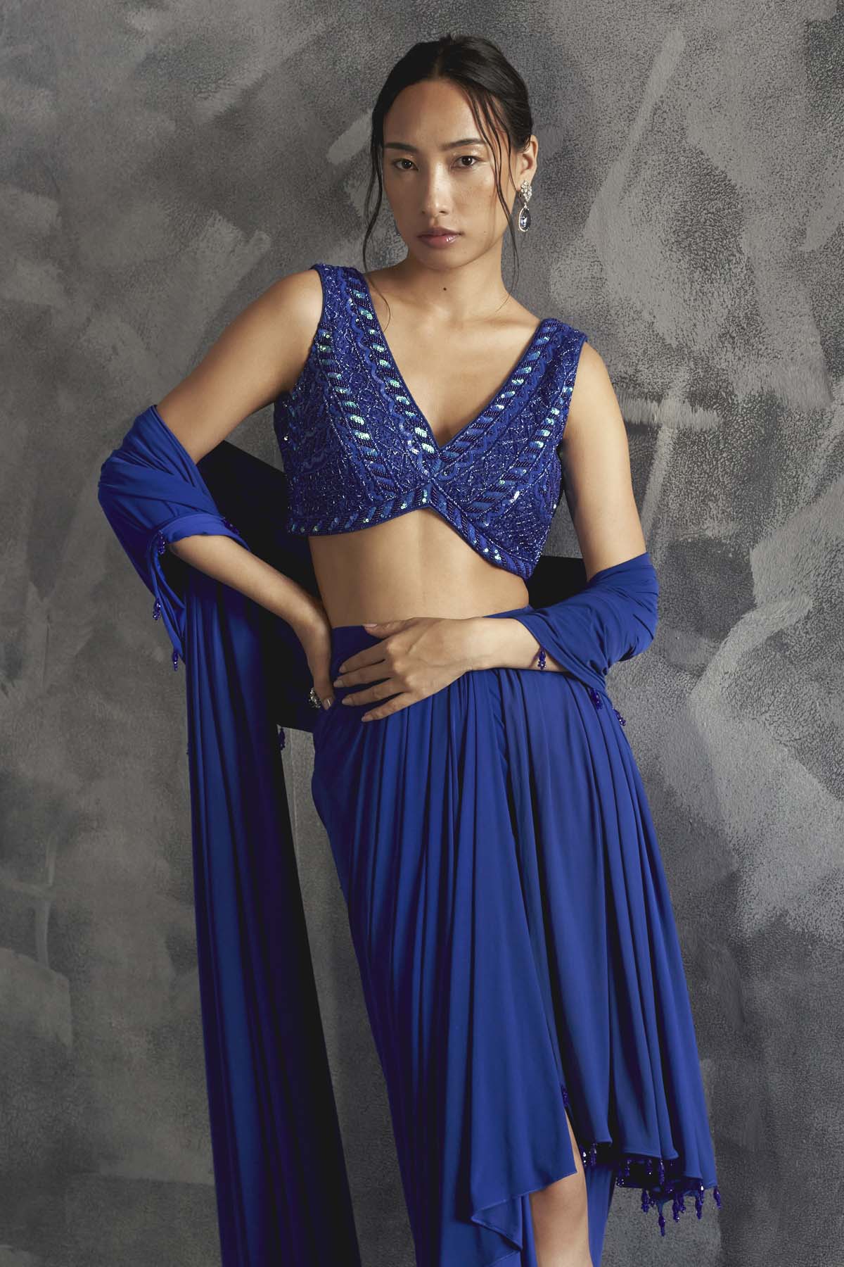 Blue Embroidered Drape Skirt Set