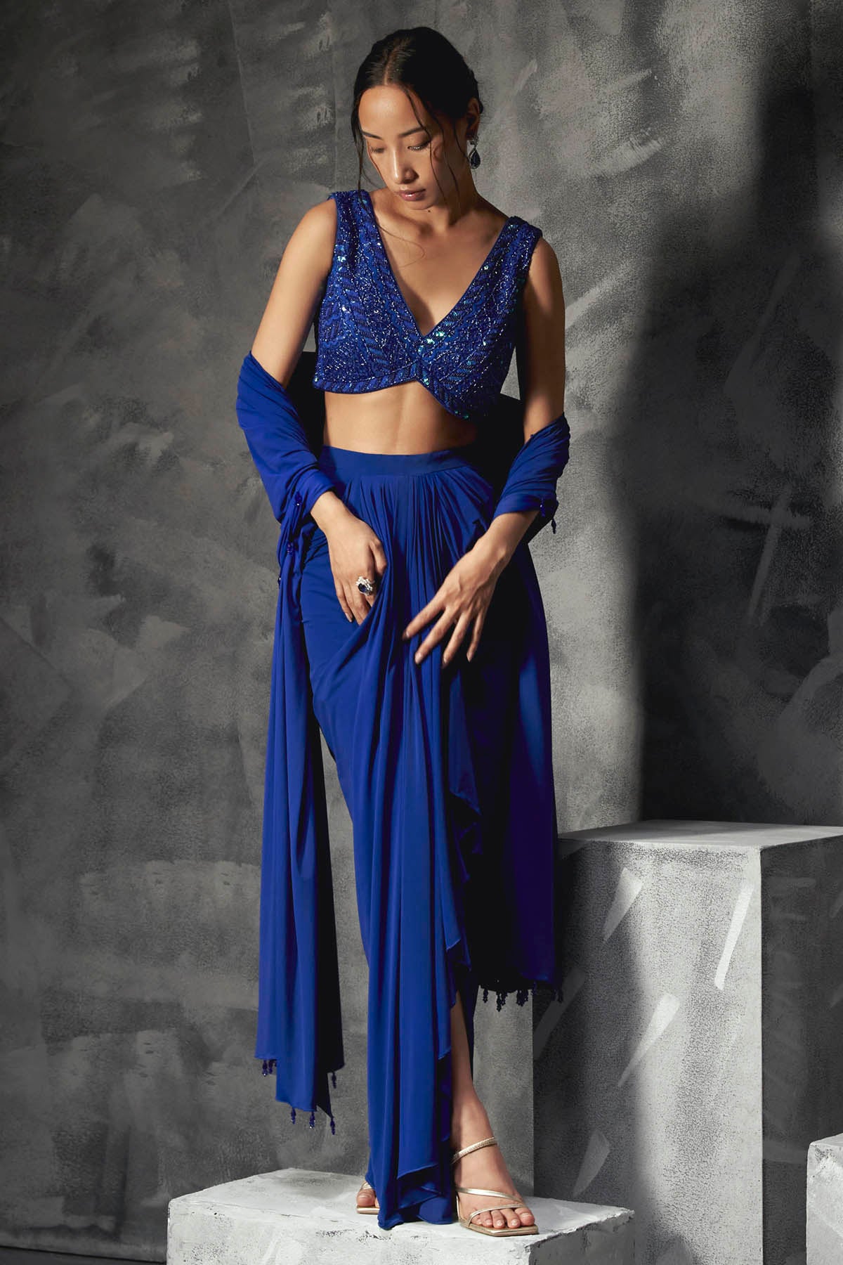 Blue Embroidered Drape Skirt Set