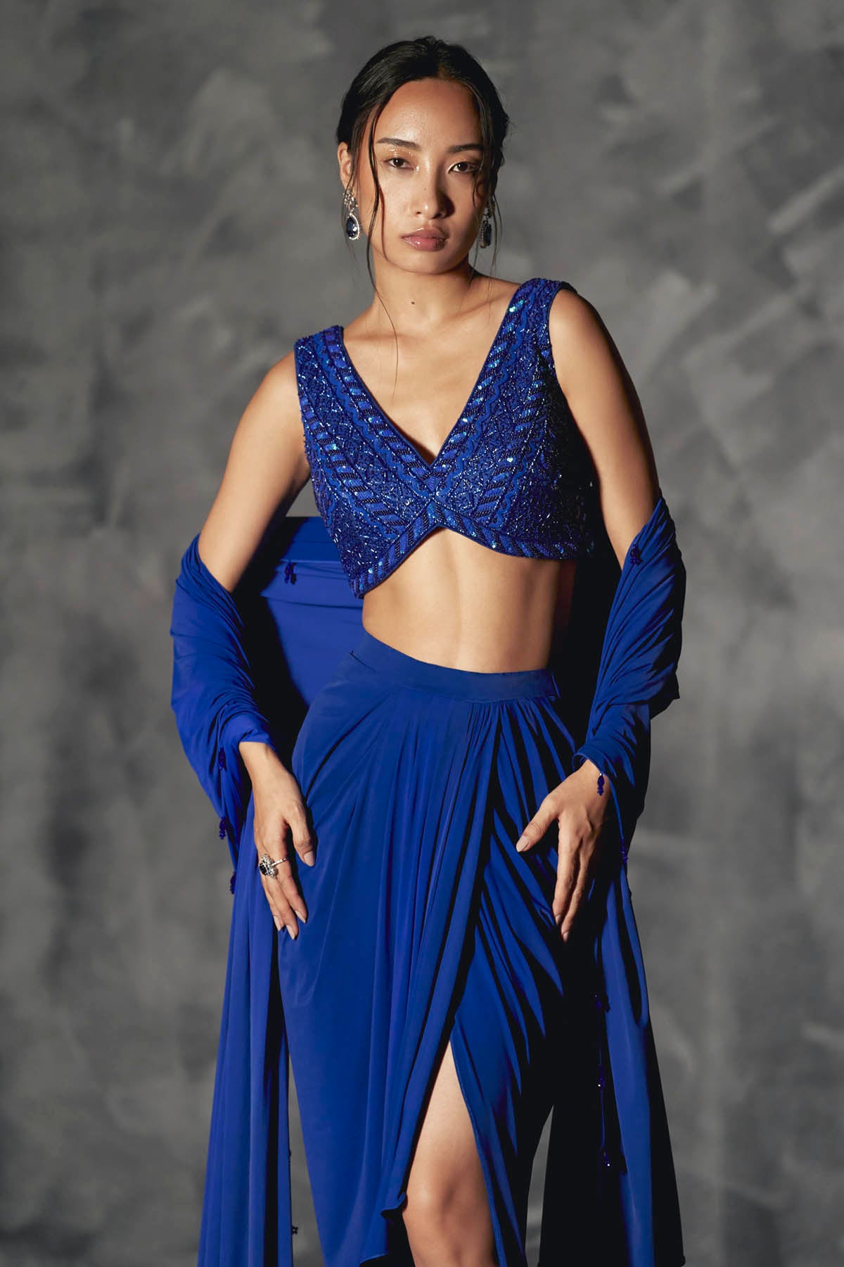 Blue Embroidered Drape Skirt Set