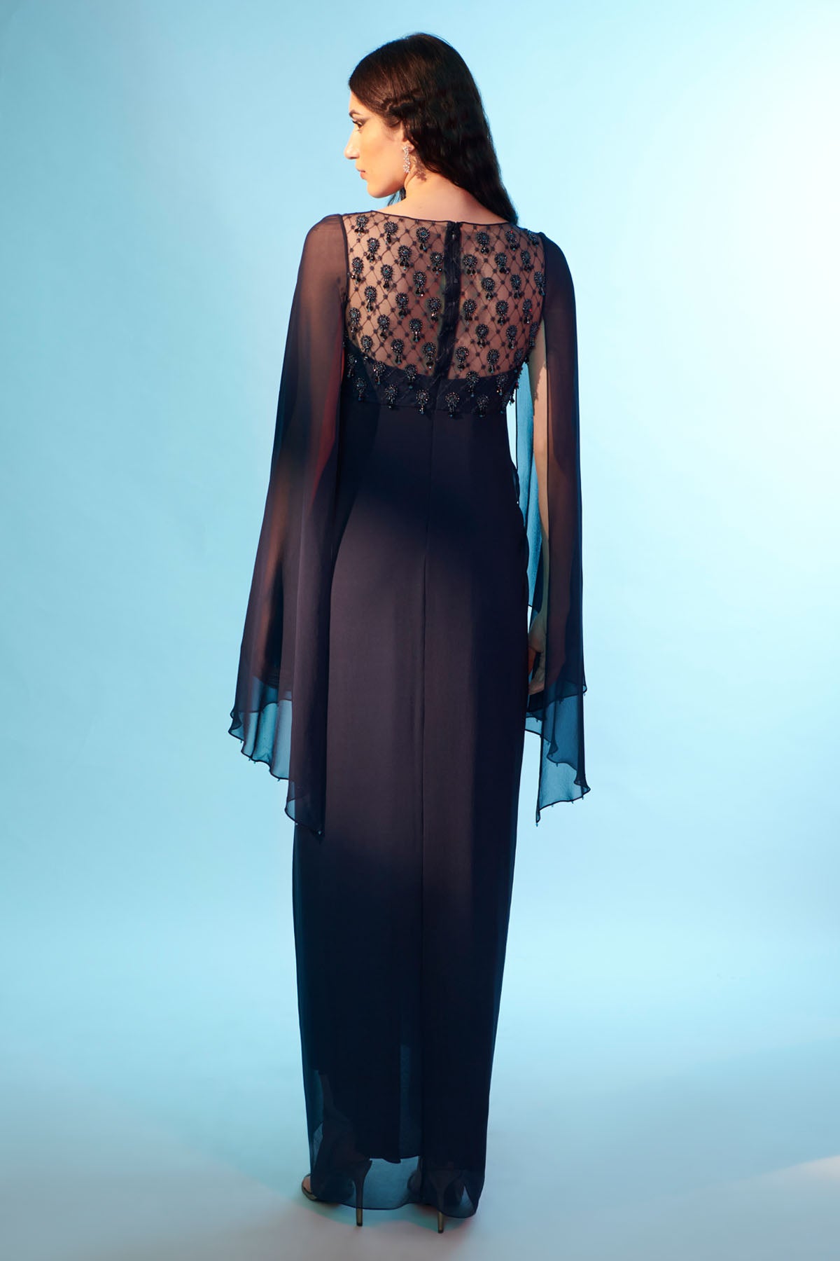 Blue Embroidered Draped Dress