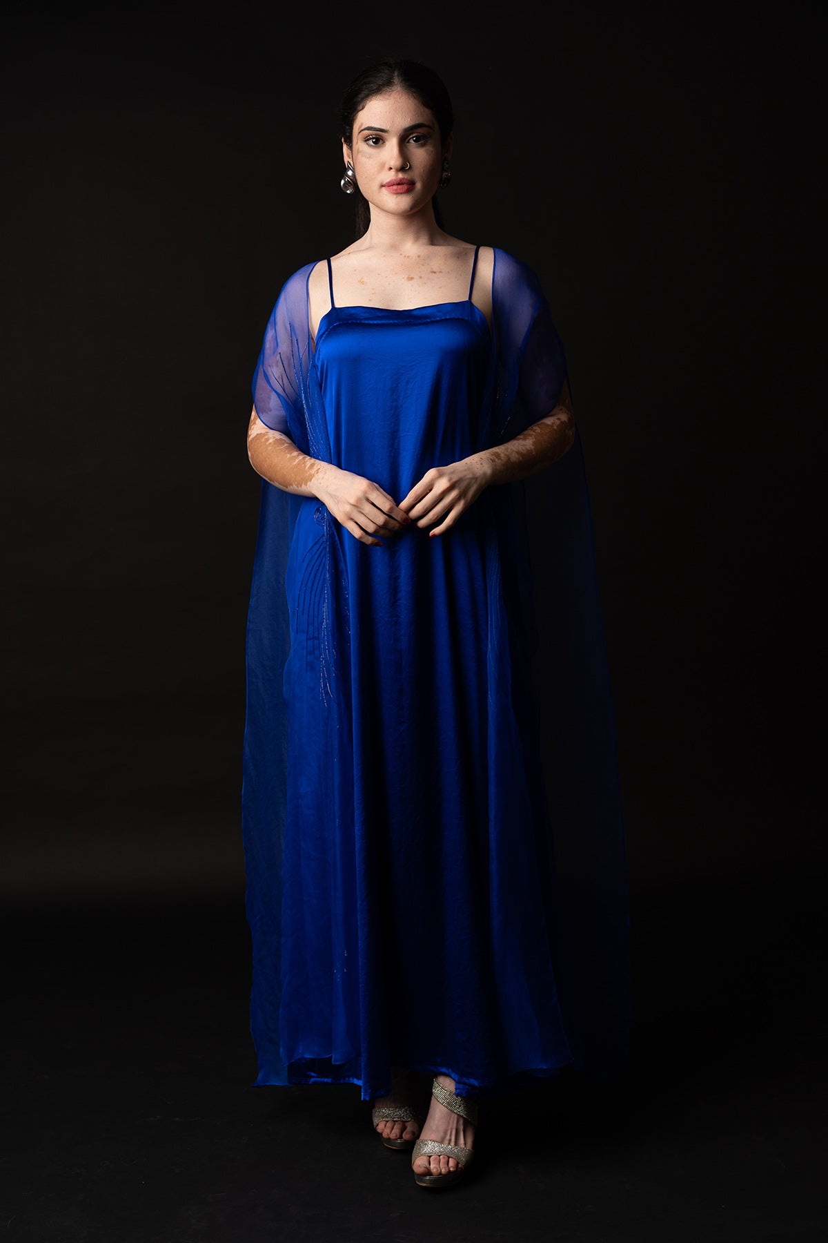 Buy Blue Embroidered Dress & Cape by Krishnamani for Women online at ScrollnShops