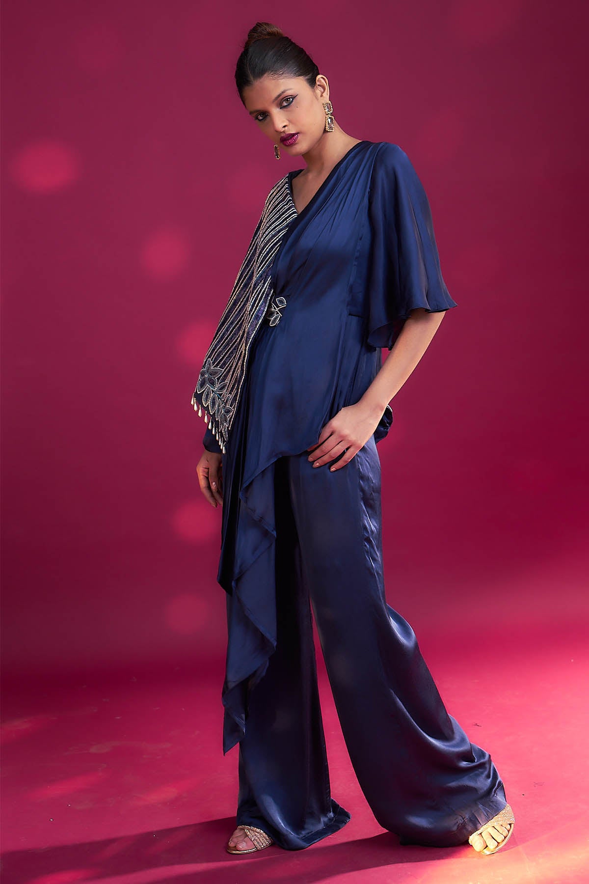 Blue Embroidered Flap Jumpsuit