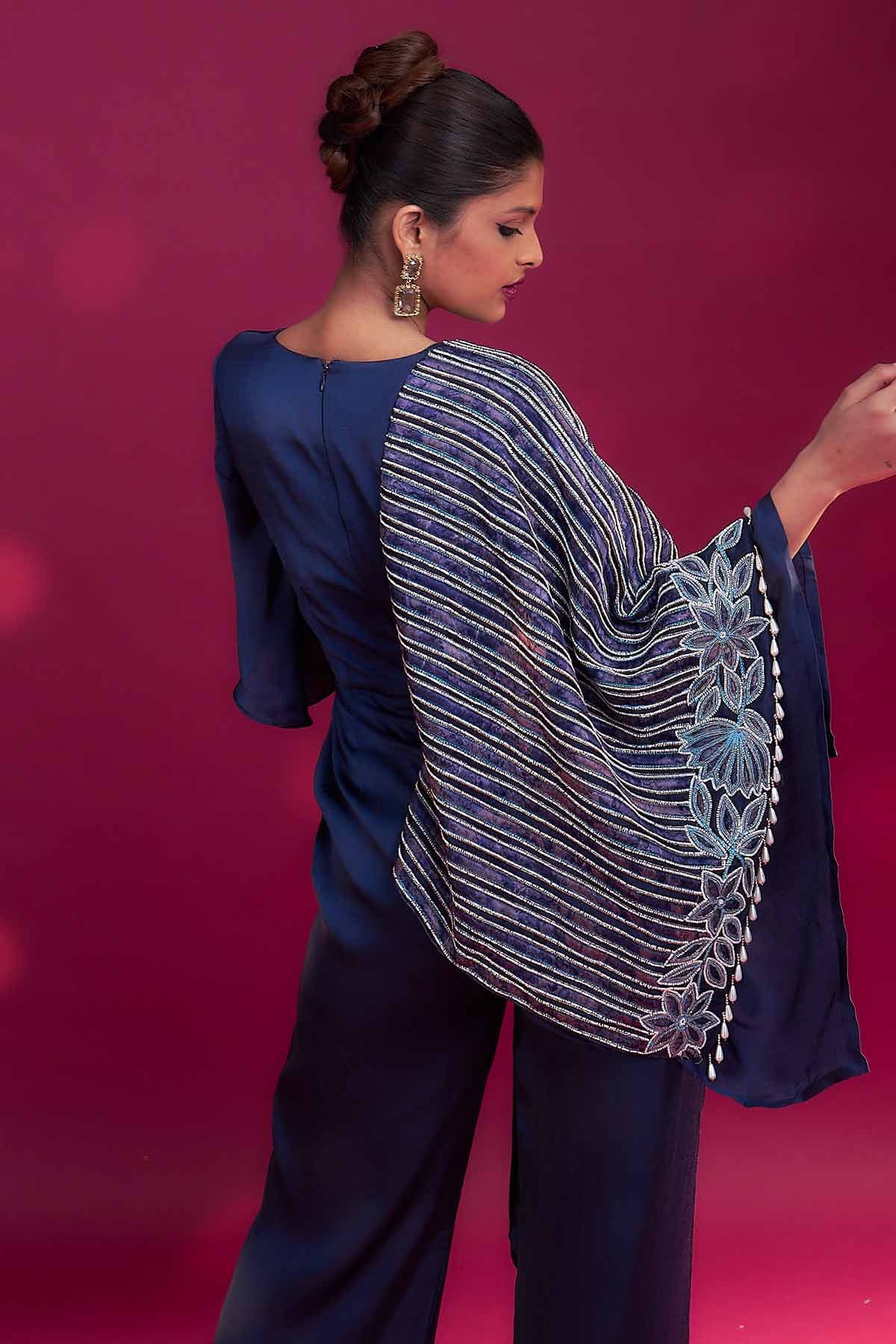 Blue Embroidered Flap Jumpsuit