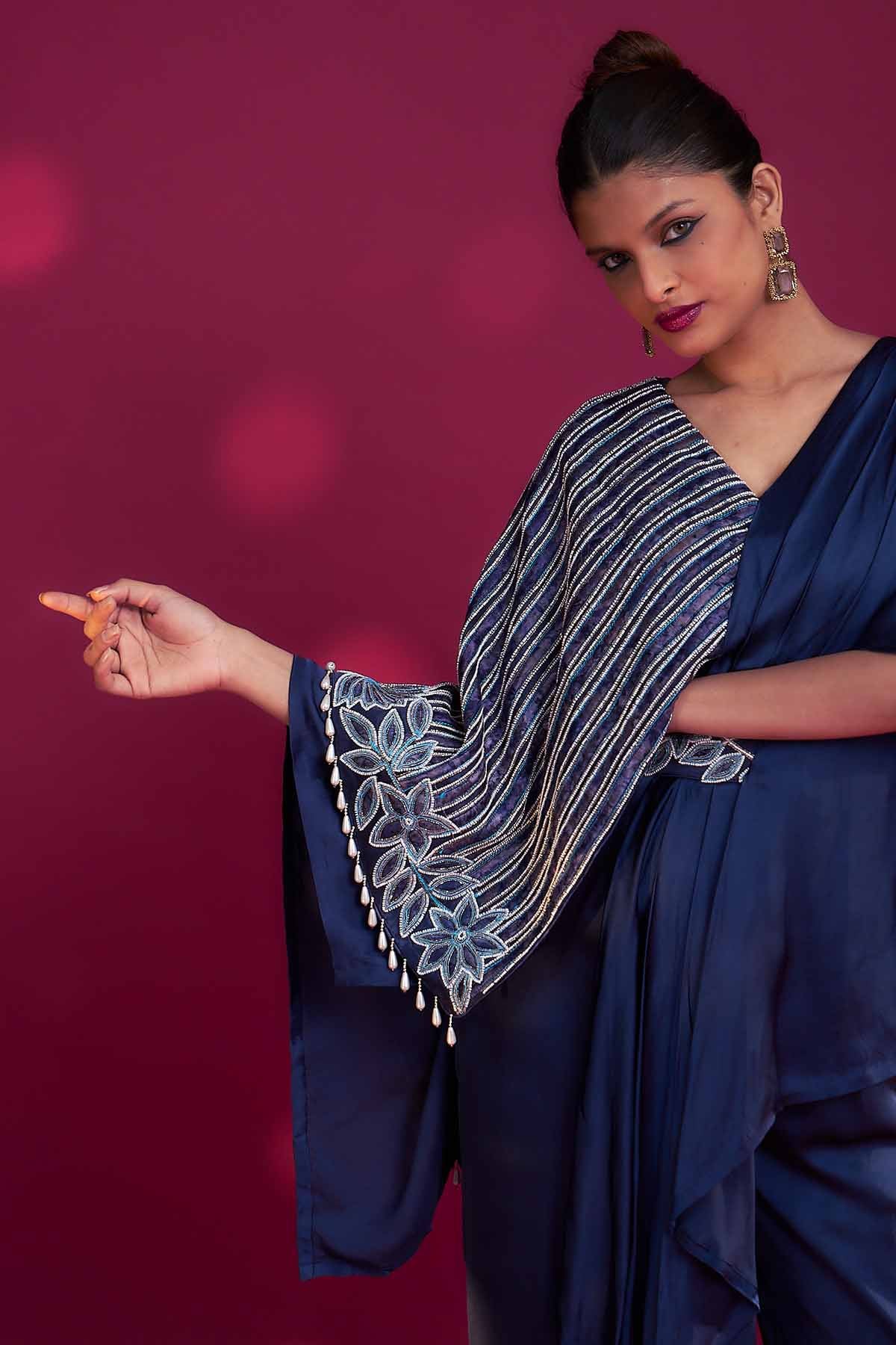 Blue Embroidered Flap Jumpsuit