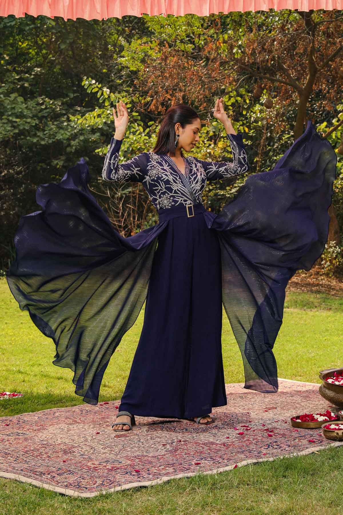 Blue Embroidered Flare Jumpsuit