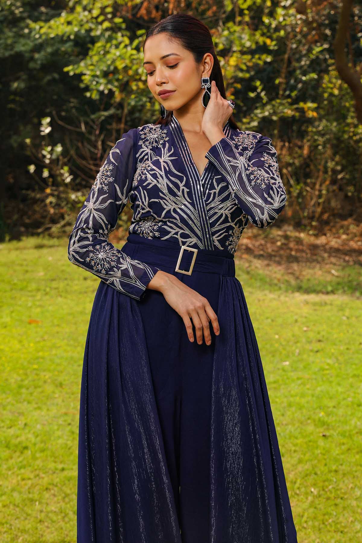 Blue Embroidered Flare Jumpsuit