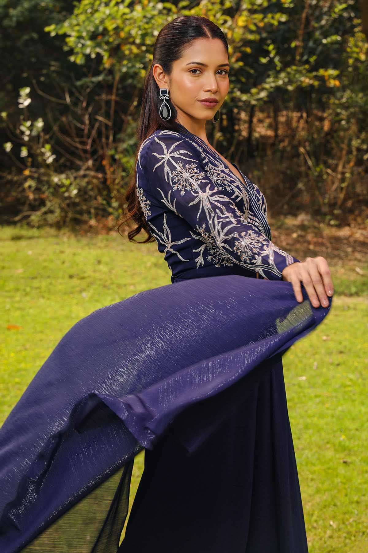 Blue Embroidered Flare Jumpsuit