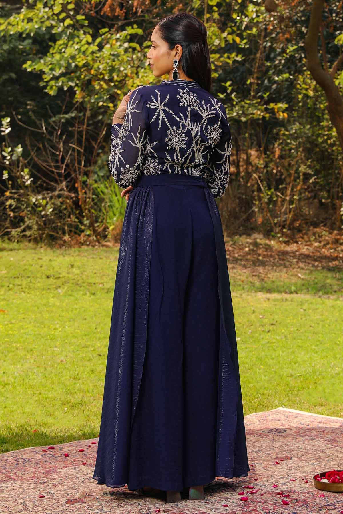 Blue Embroidered Flare Jumpsuit