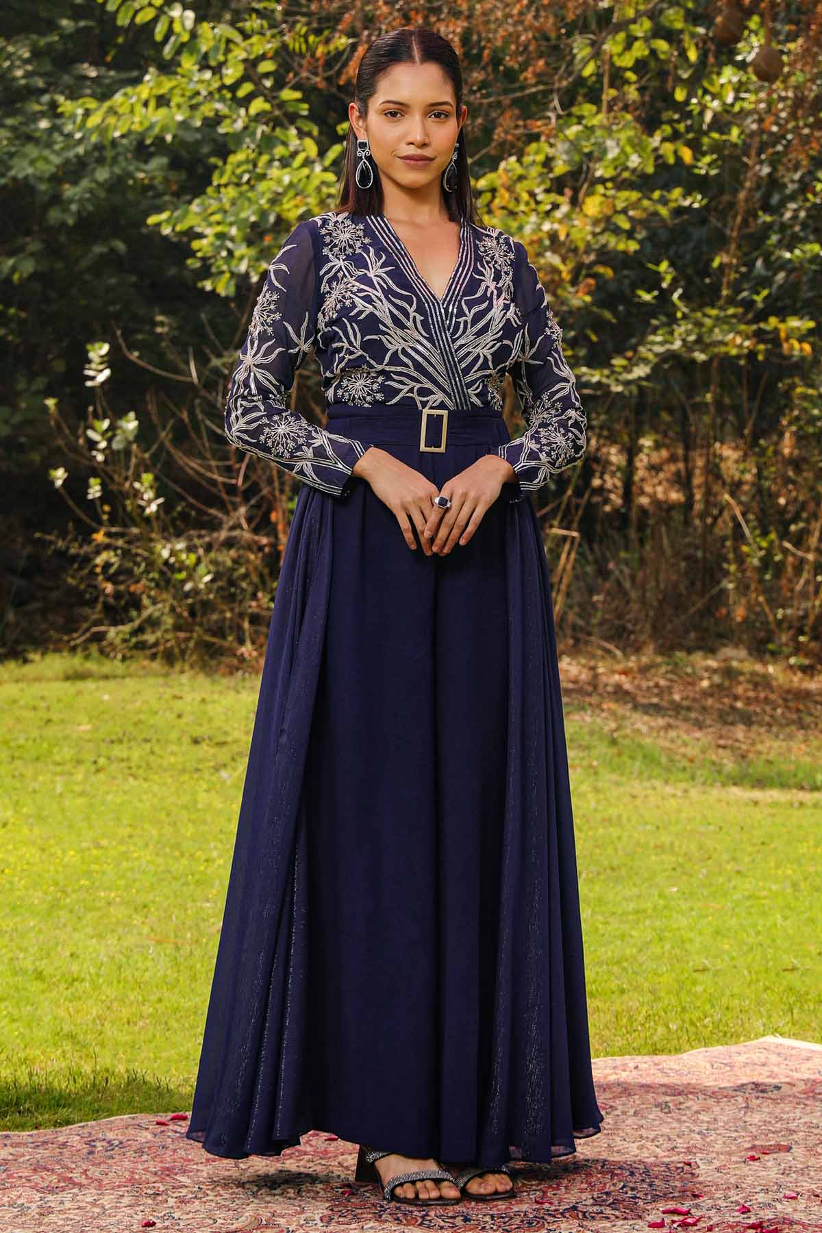 Ajiesh Oberoi Blue Embroidered Flare Jumpsuit for women online at ScrollnShops