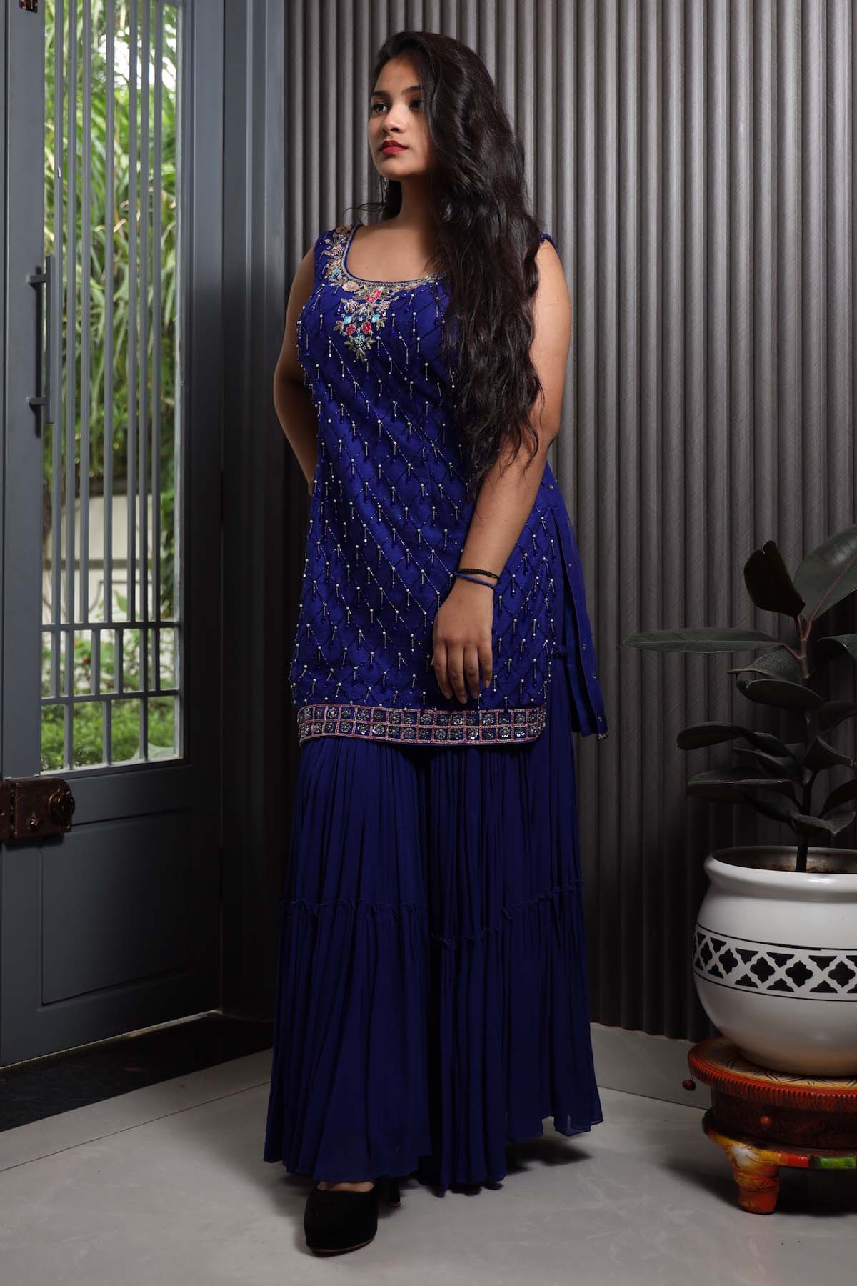 Blue Embroidered Gharara Set
