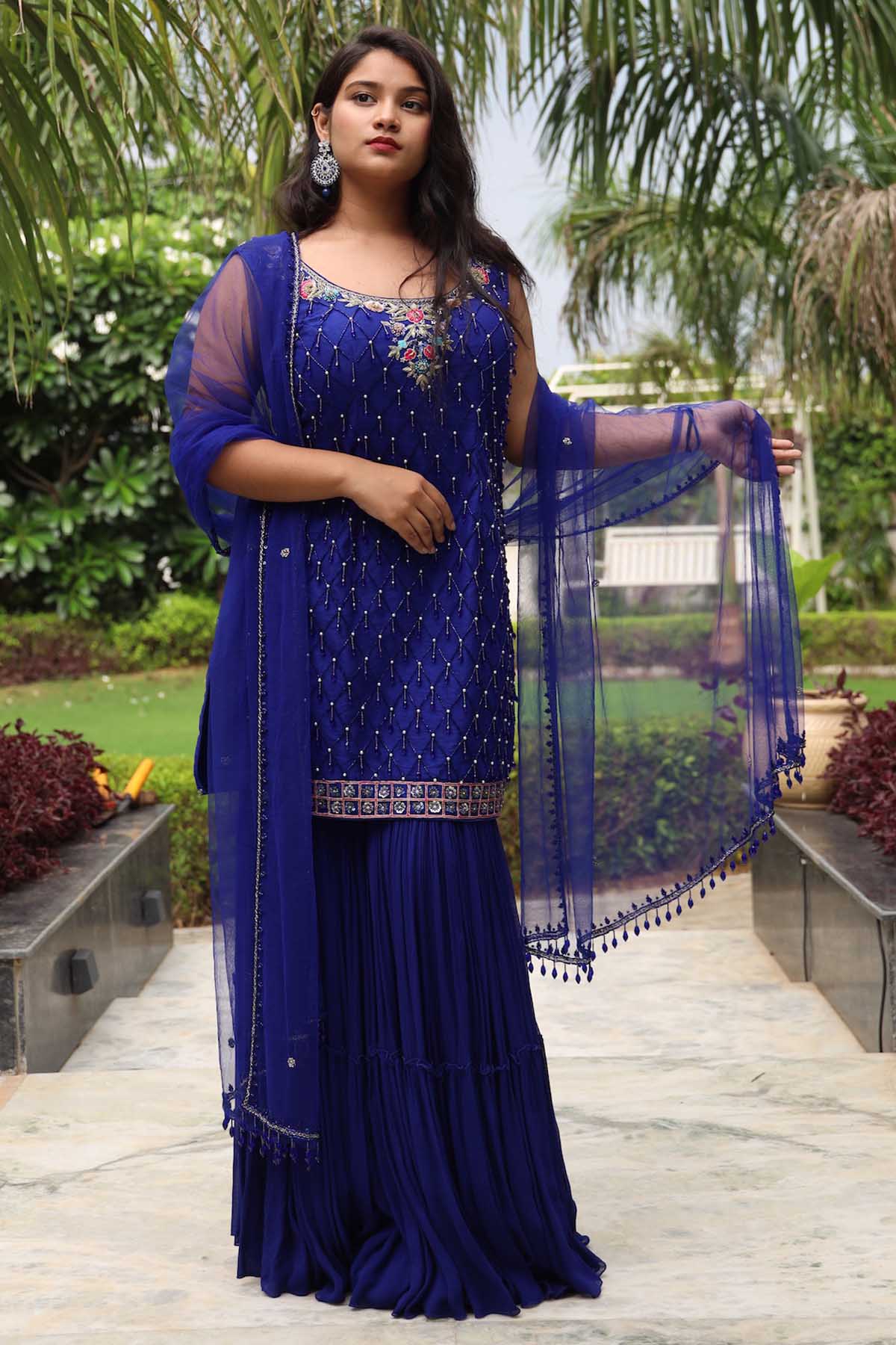 Muditaa By Urmila Blue Embroidered Gharara Set for women online at ScrollnShops