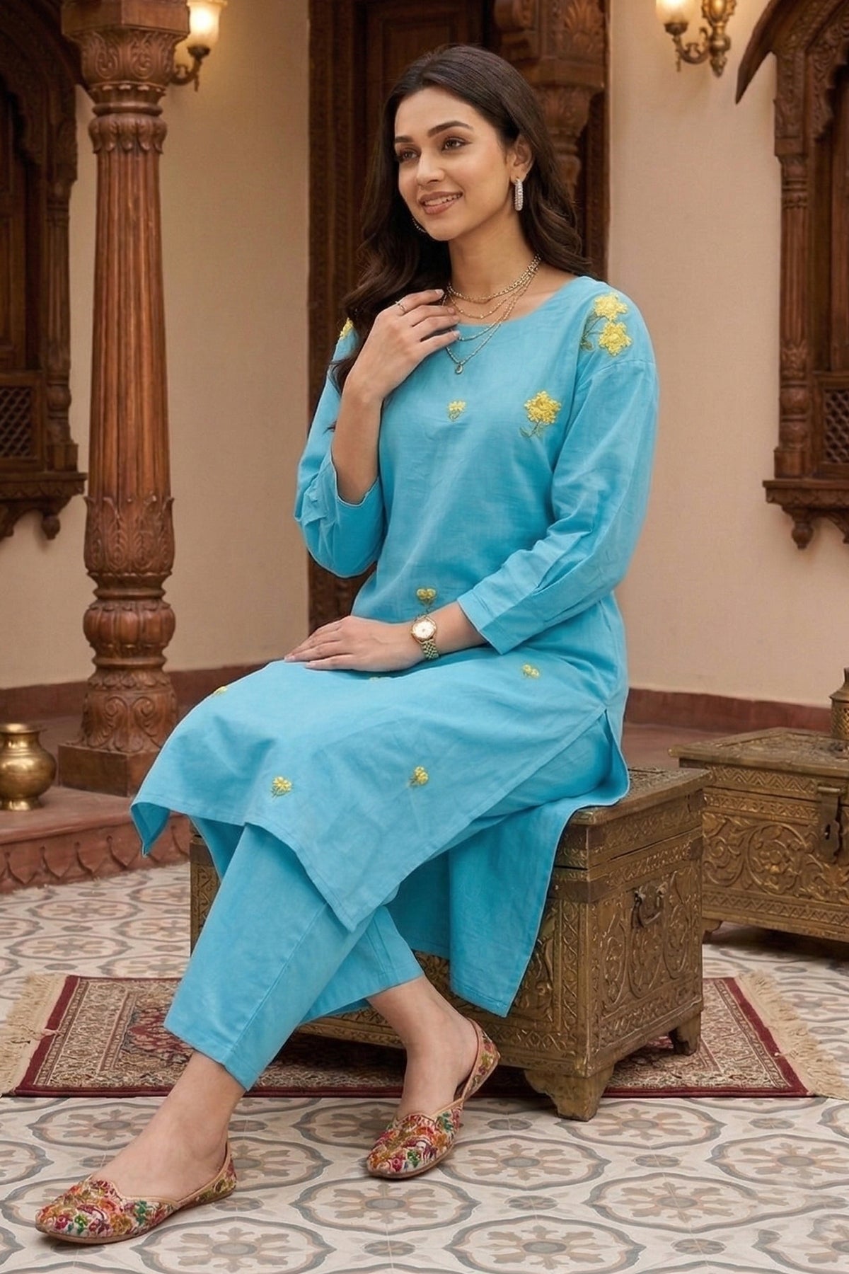 Blue Embroidered Kurta & Pants