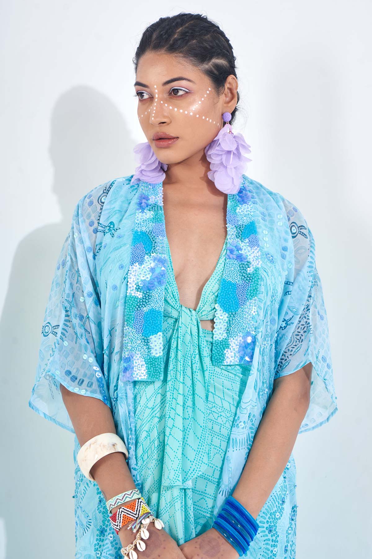 Blue Embroidered Lapel Jacket