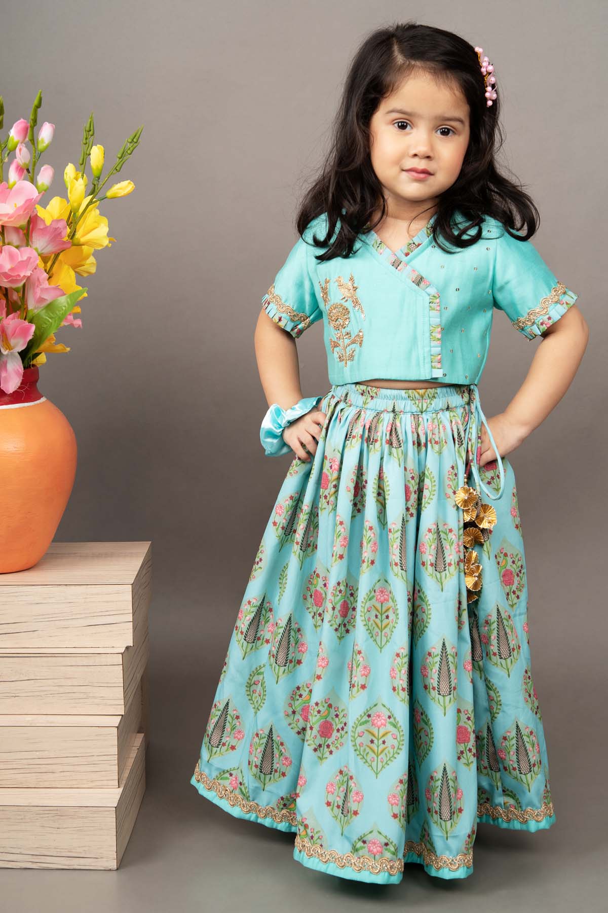 Little Brats Dazzling Dreams: Aqua Embroidered Lehenga Choli kidswear at scrollnshops