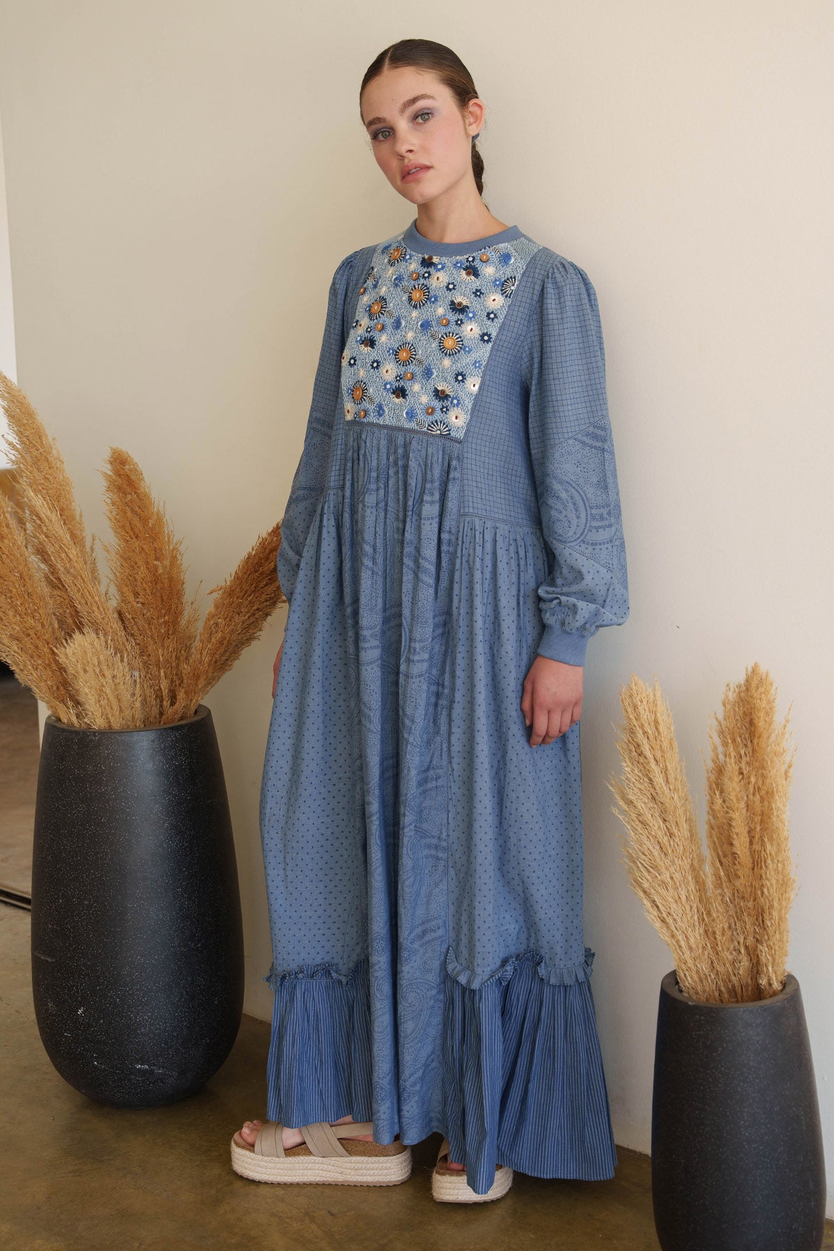 Blue Embroidered Maxi Dress