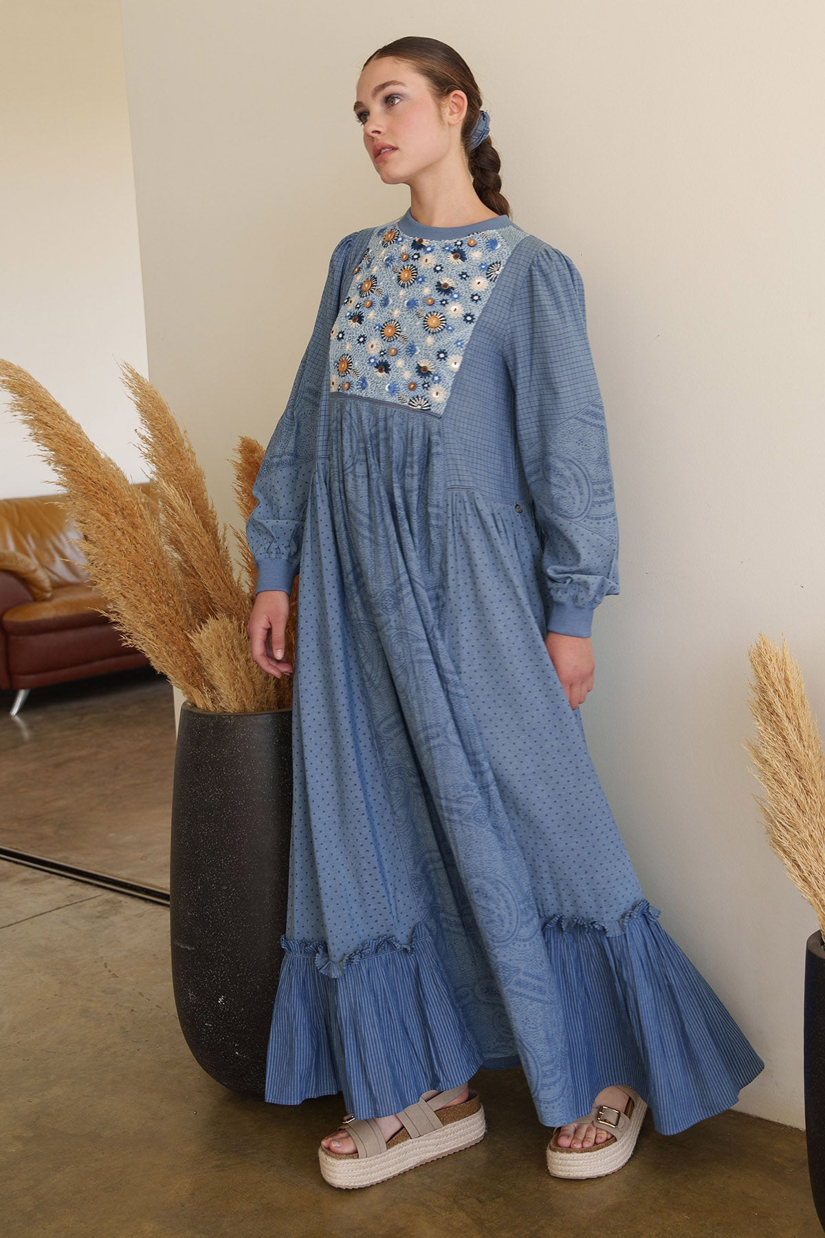 Blue Embroidered Maxi Dress