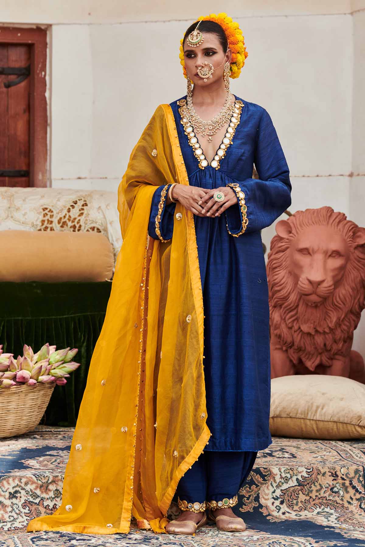 Buy ITRH, Designer Blue Embroidered Neck Kurta Set Online