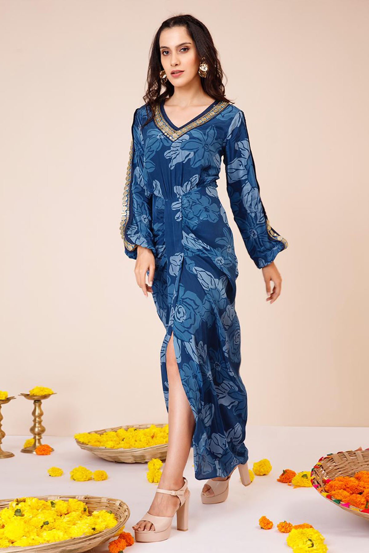 Blue Embroidered Neck Maxi Dress