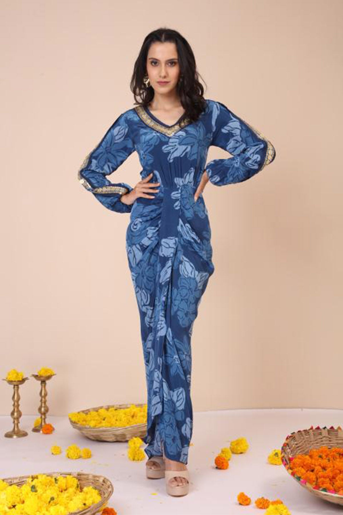 Buy Blue Embroidered Neck Maxi Dress by Niyami for women online at ScrollnShops