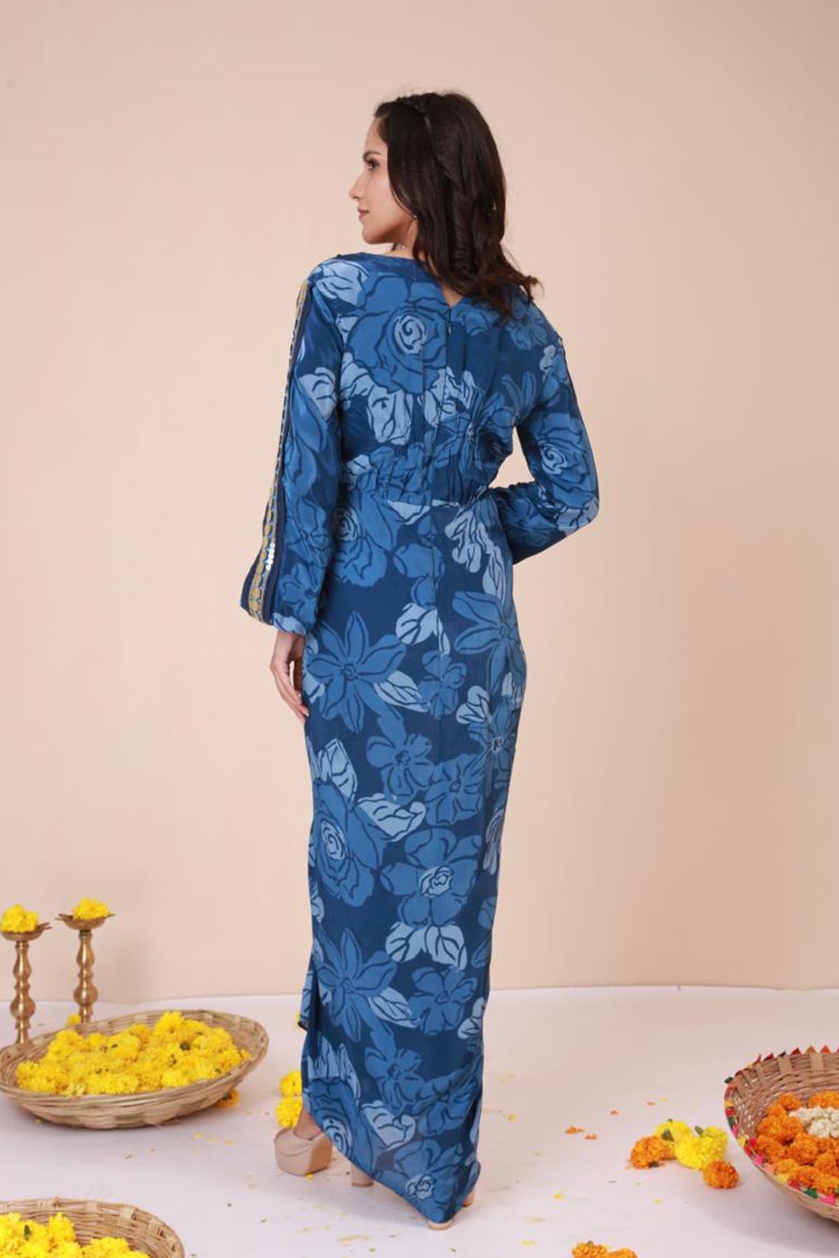 Blue Embroidered Neck Maxi Dress