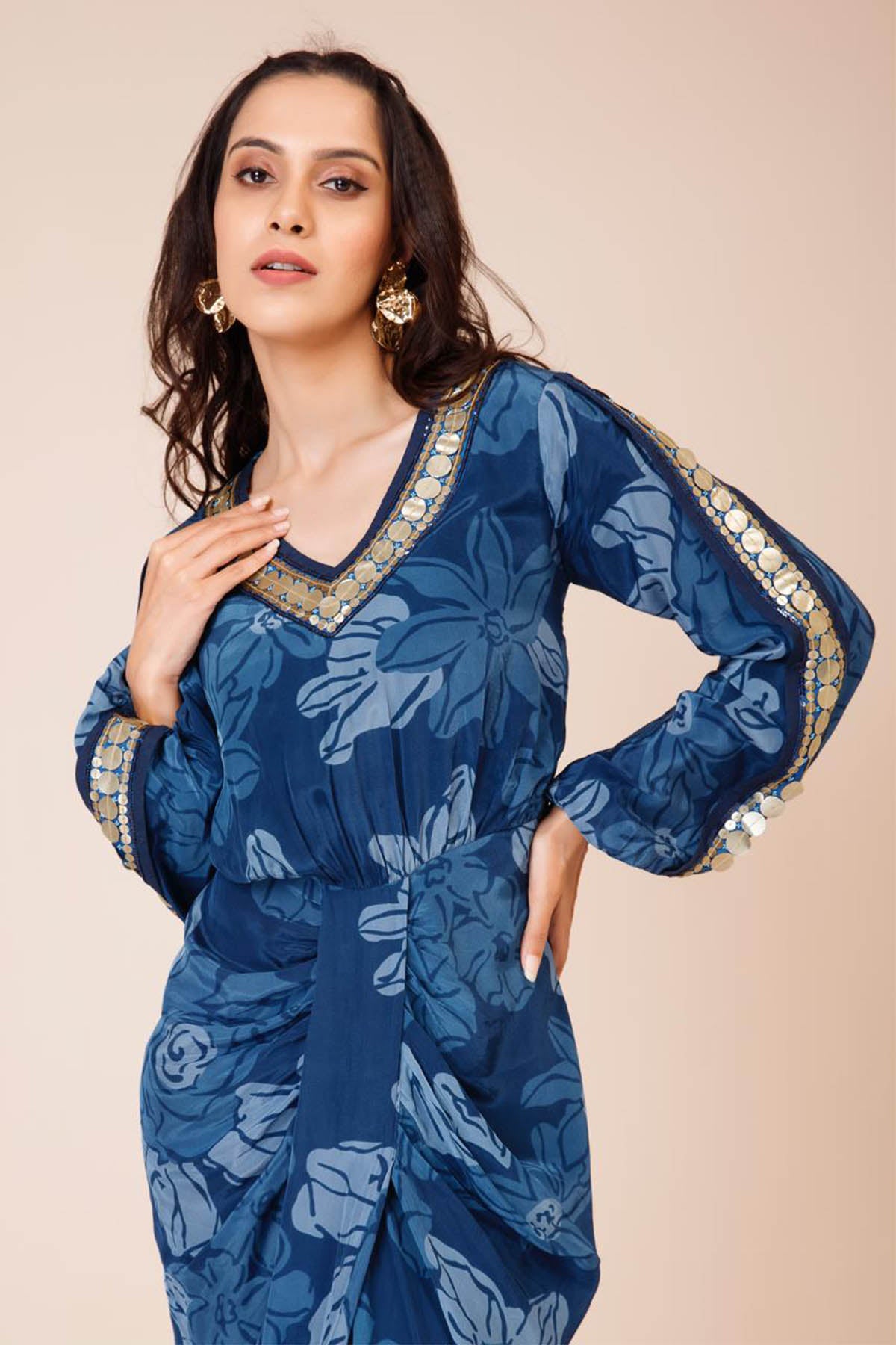 Blue Embroidered Neck Maxi Dress