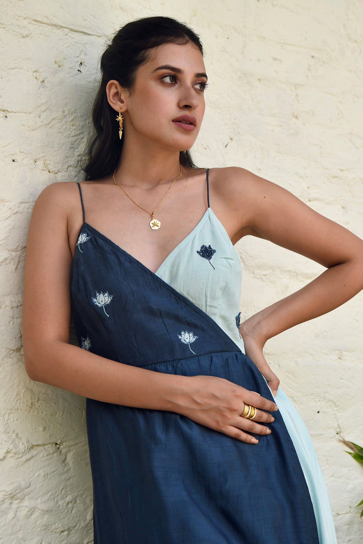 Blue Embroidered Overlap Dress