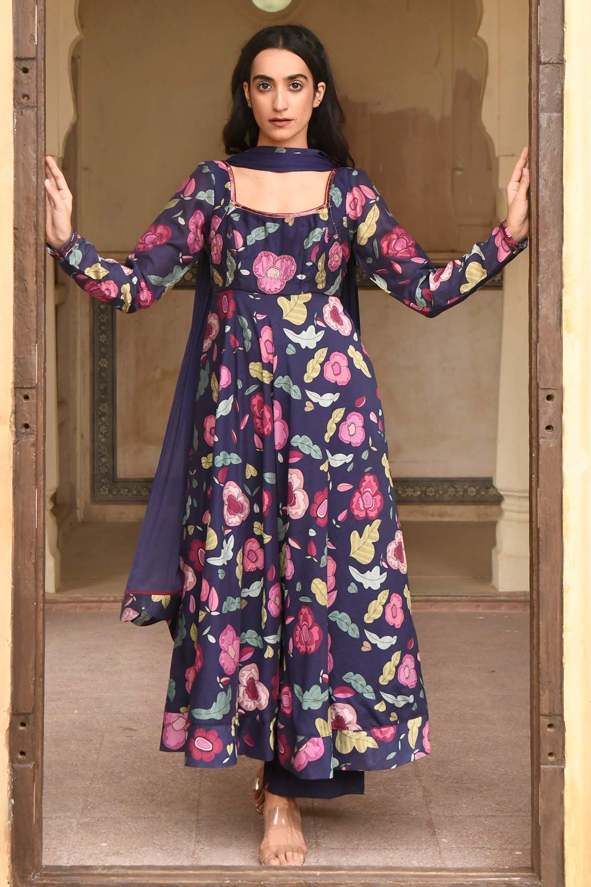 Taro India Blue Embroidered Print Kurta Set for women online at ScrollnShops