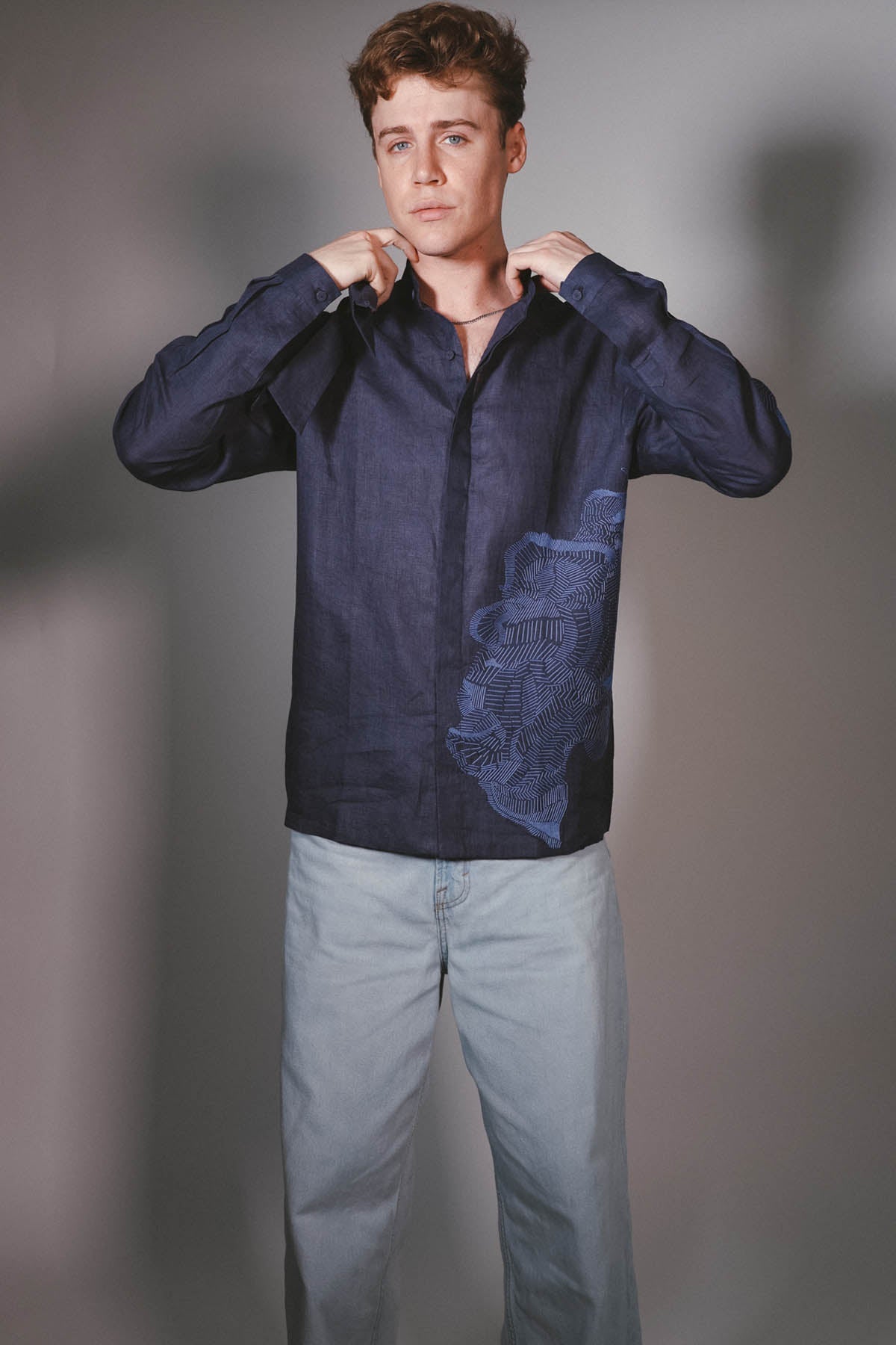 Arya Giri Blue Embroidered Relaxed Shirt for men online at ScrollnShops