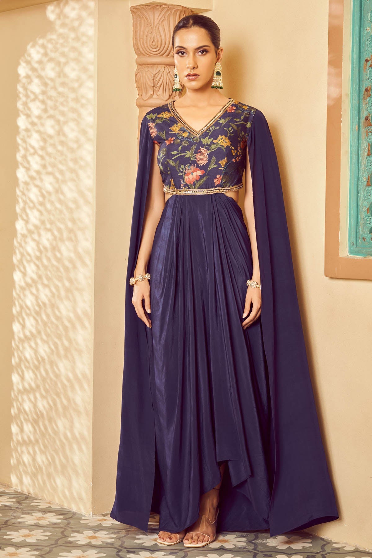 Megha Pitti Blue Embroidered Saree Gown for women online at ScrollnShops