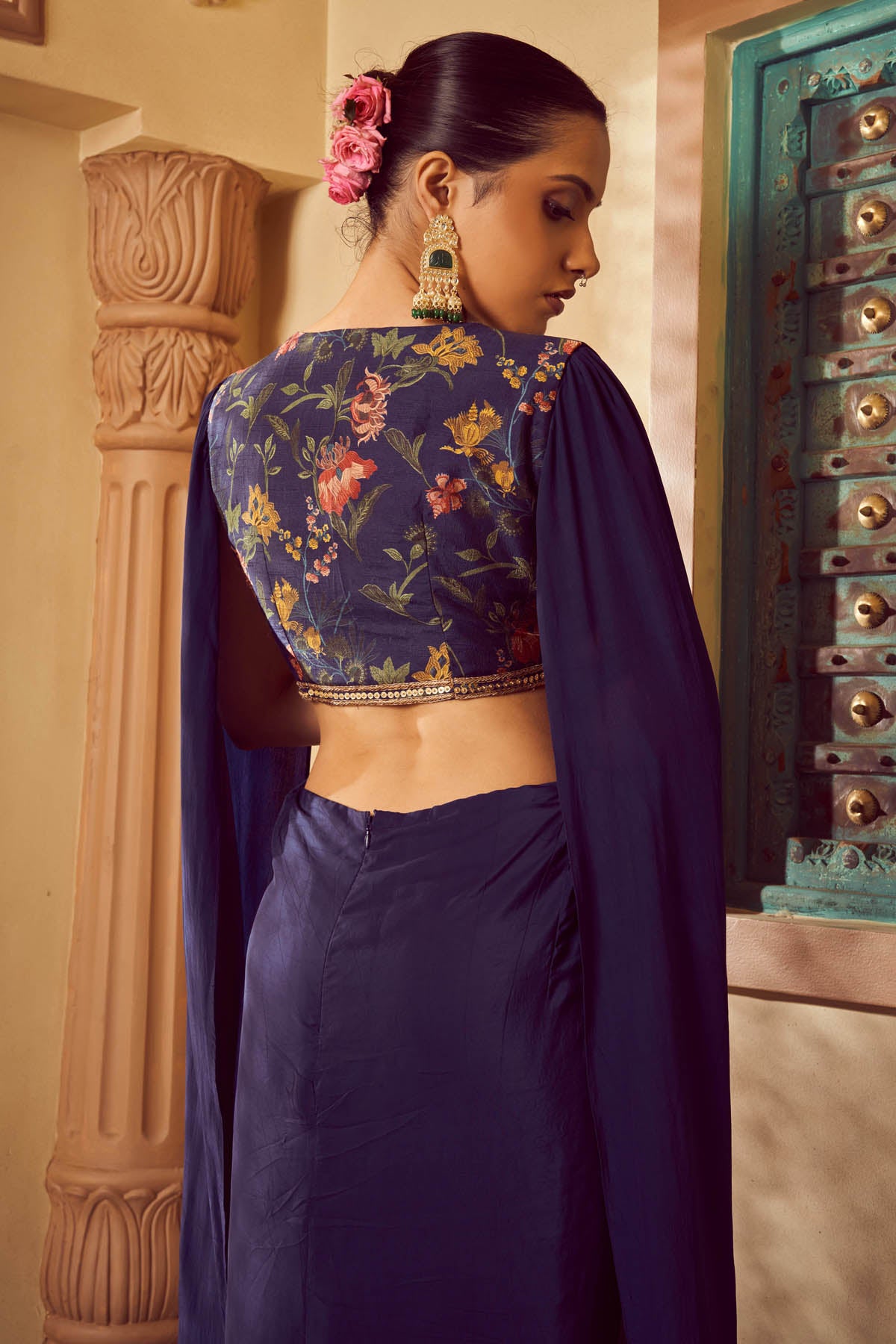 Blue Embroidered Saree Gown